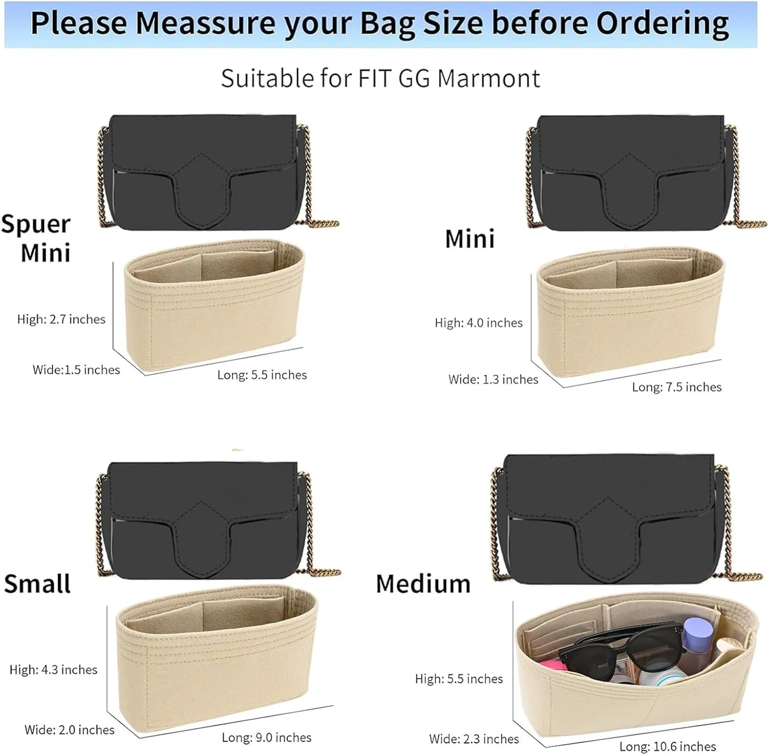 Felt Insert Purse Organizer Fit GG Marmont Matelasse Shoulder Bag, Organizer Handbag Tote Liner Pouch for Women Small Shoulder Bag (Super Mini, Beige)