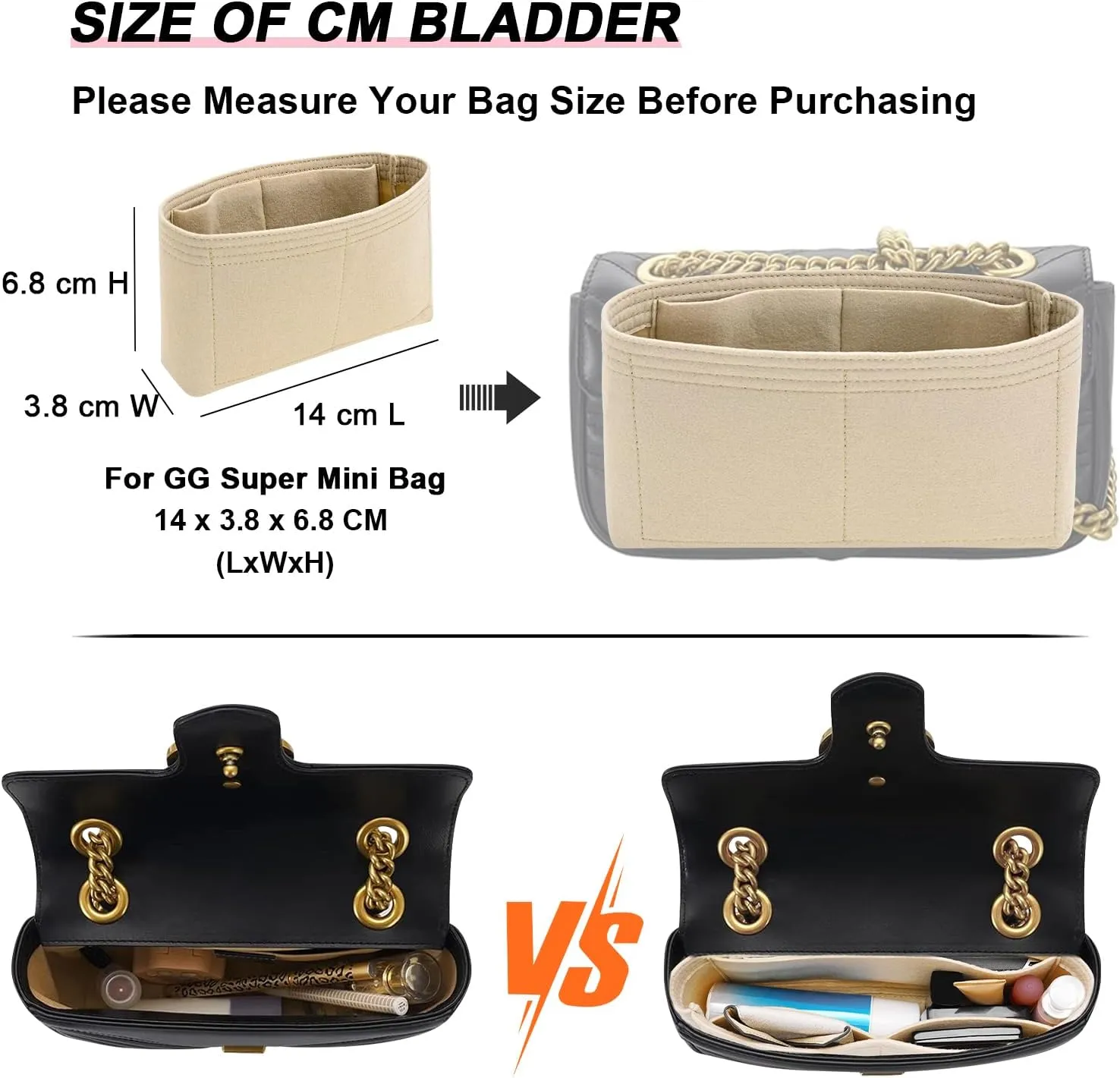 Felt Insert Purse Organizer Fit GG Marmont Matelasse Shoulder Bag, Organizer Handbag Tote Liner Pouch for Women Small Shoulder Bag (Super Mini, Beige)