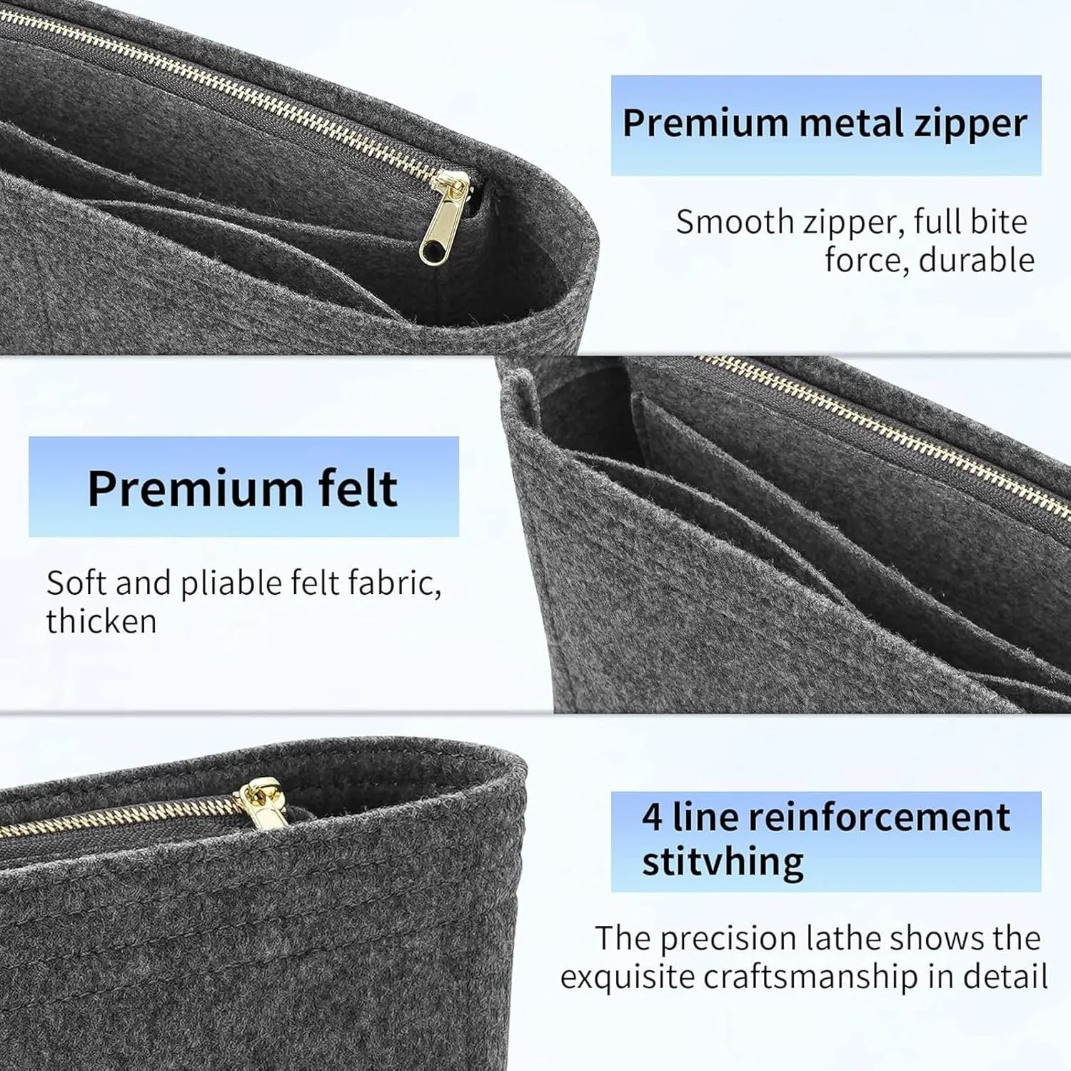 Felt Insert Purse Organizer with Zipper fit GG Marmont Matelasse Shoulder Bag, Organizer Handbag Tote Liner Pouch for Women Inner Bladder Bag Storage Bag (Medium, Grey), GG2-Grey-Medium