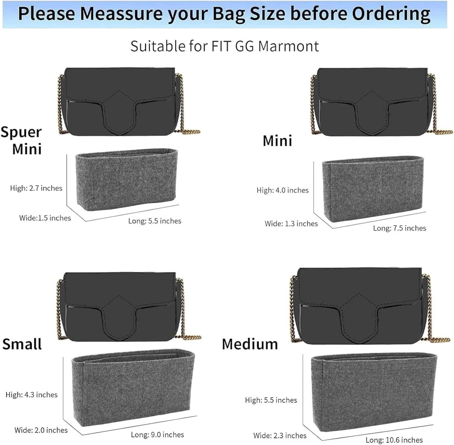 Felt Insert Purse Organizer with Zipper fit GG Marmont Matelasse Shoulder Bag, Organizer Handbag Tote Liner Pouch for Women Inner Bladder Bag Storage Bag (Medium, Grey), GG2-Grey-Medium