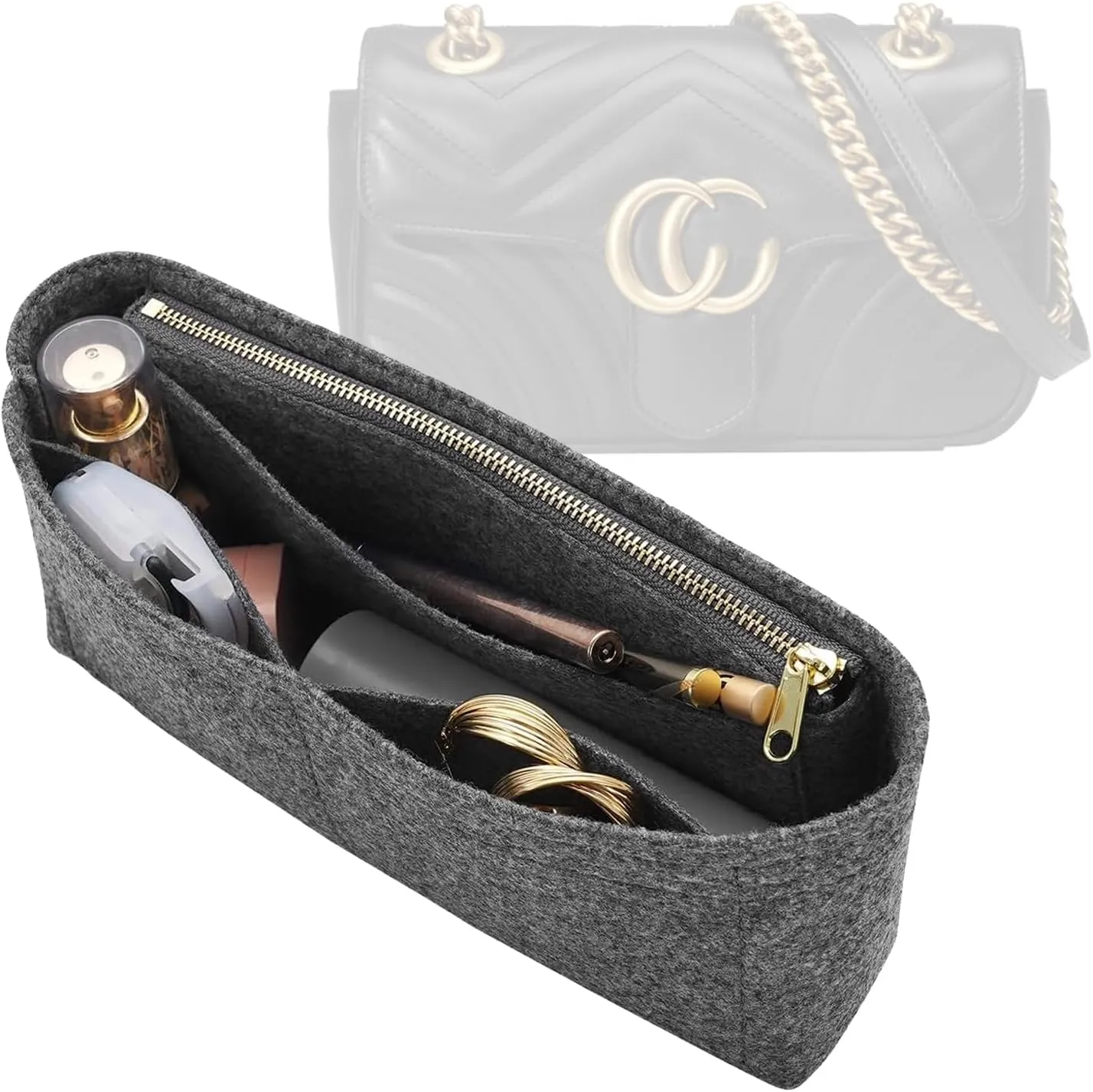 Felt Insert Purse Organizer with Zipper fit GG Marmont Matelasse Shoulder Bag, Organizer Handbag Tote Liner Pouch for Women Inner Bladder Bag Storage (Small, Grey)