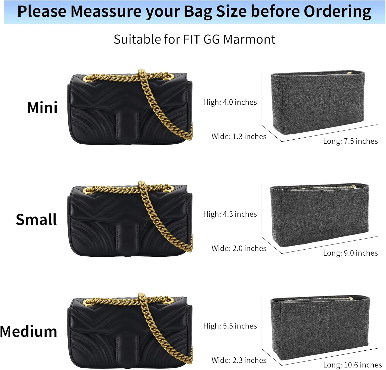 Felt Insert Purse Organizer with Zipper fit GG Marmont Matelasse Shoulder Bag, Organizer Handbag Tote Liner Pouch for Women Inner Bladder Bag Storage (Small, Grey)