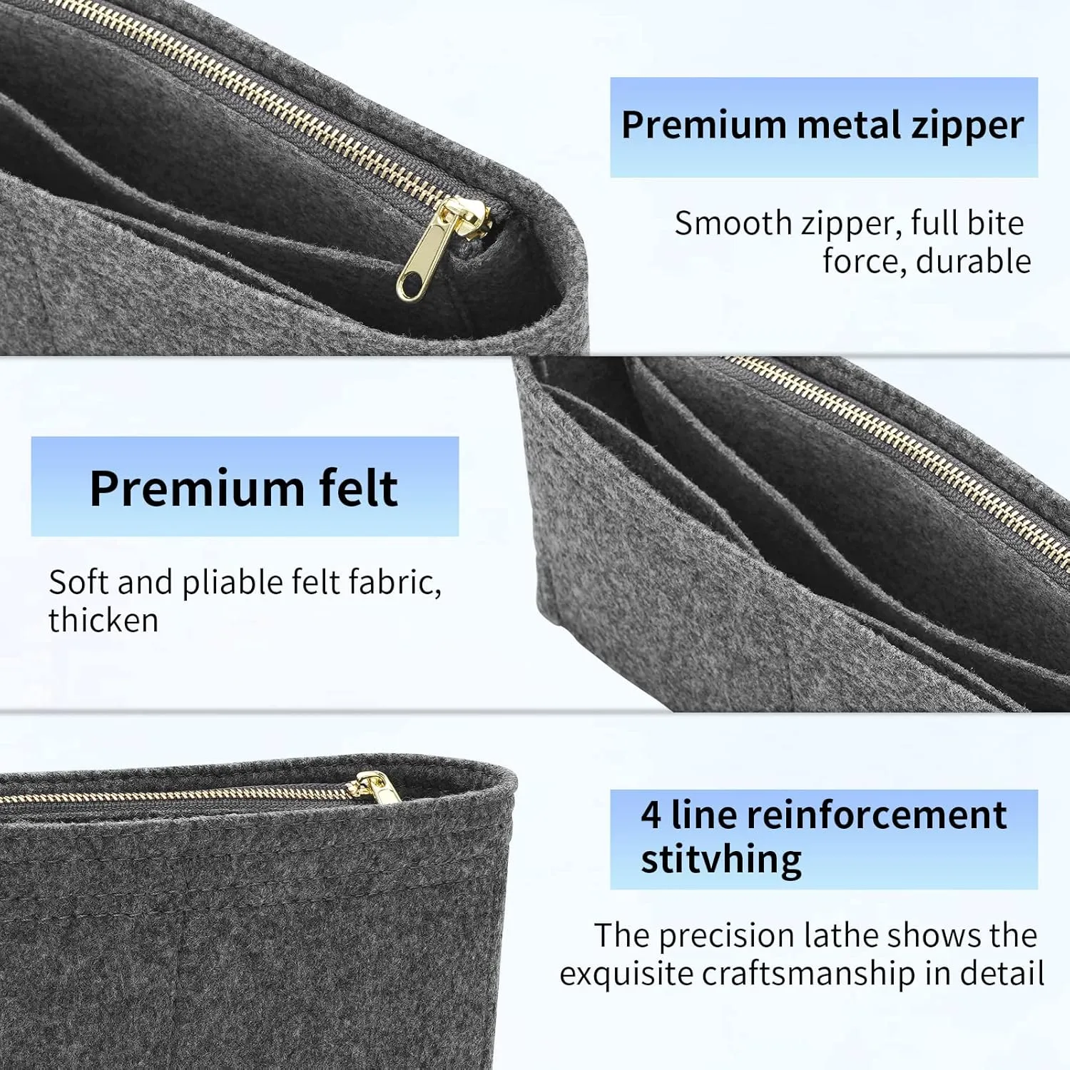 Felt Insert Purse Organizer with Zipper fit GG Marmont Matelasse Shoulder Bag, Organizer Handbag Tote Liner Pouch for Women Inner Bladder Bag Storage (Small, Grey)