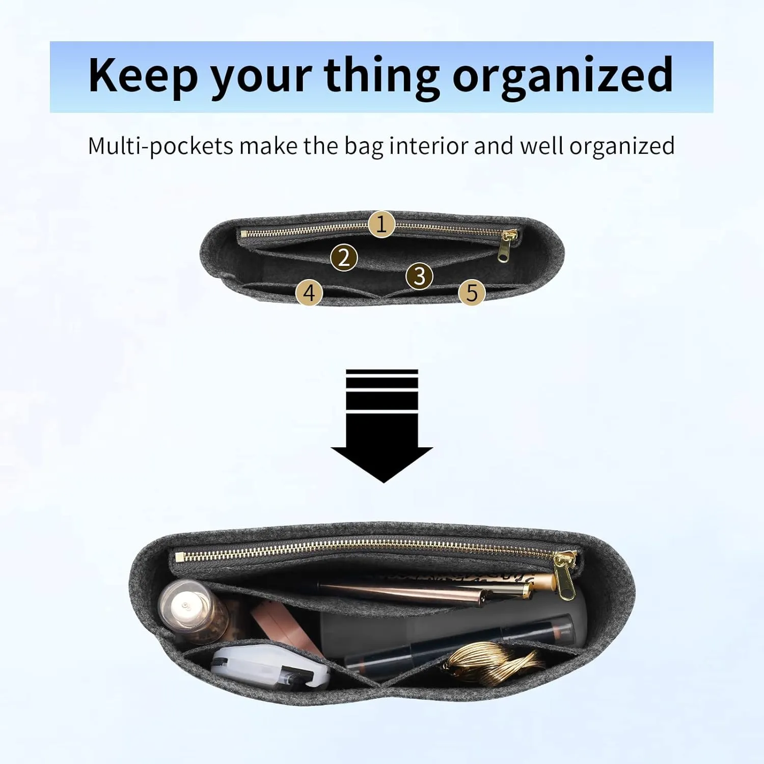 Felt Insert Purse Organizer with Zipper fit GG Marmont Matelasse Shoulder Bag, Organizer Handbag Tote Liner Pouch for Women Inner Bladder Bag Storage (Small, Grey)