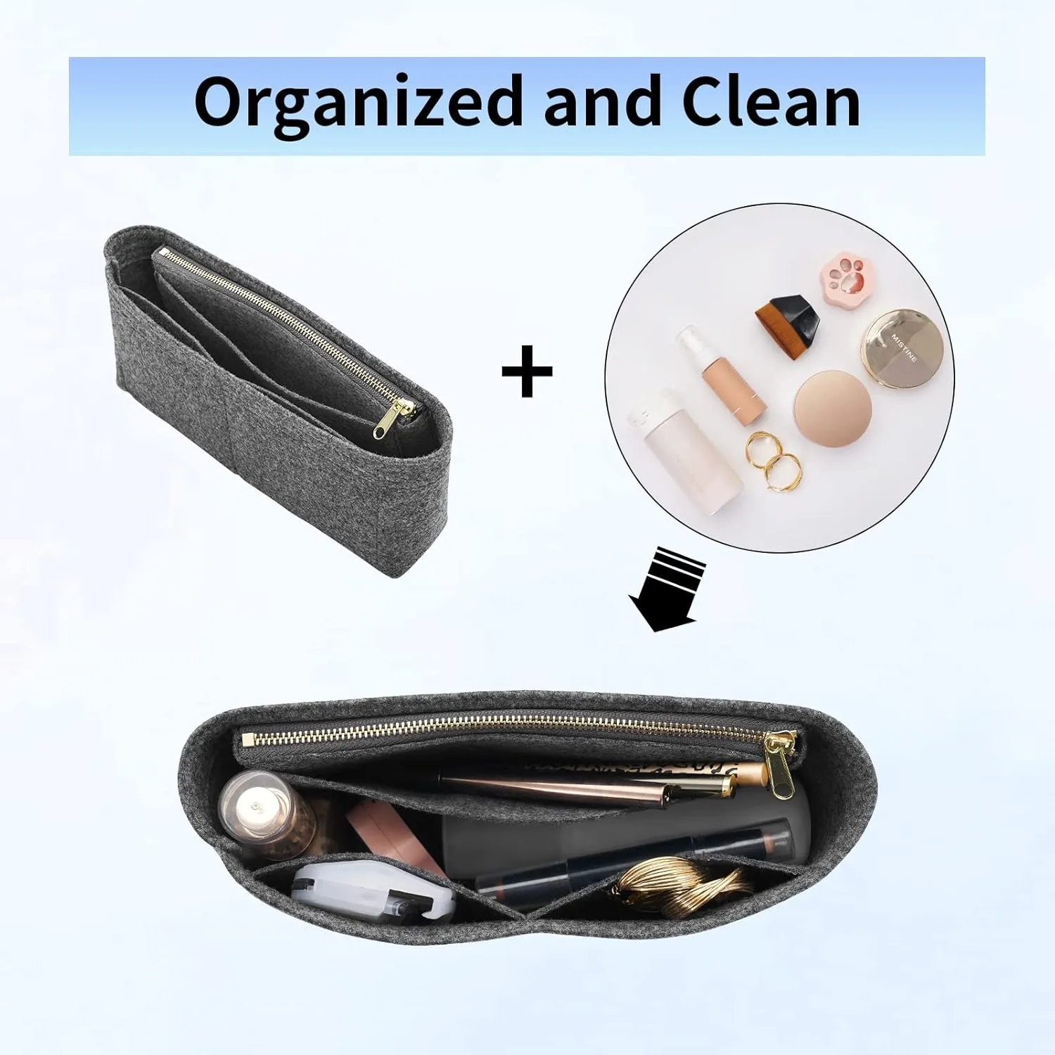 Felt Insert Purse Organizer with Zipper fit GG Marmont Matelasse Shoulder Bag, Organizer Handbag Tote Liner Pouch for Women Inner Bladder Bag Storage (Small, Grey)