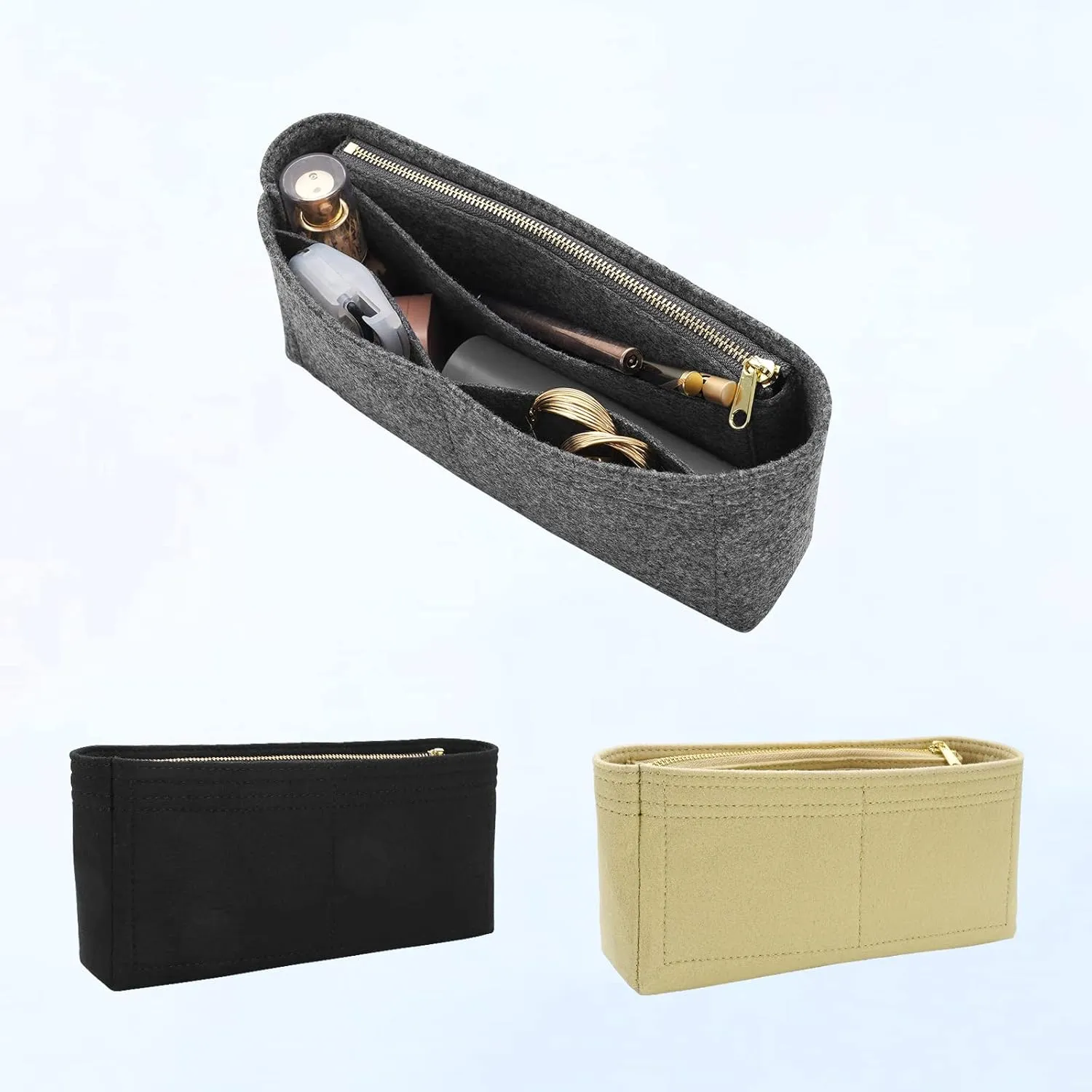 Felt Insert Purse Organizer with Zipper fit GG Marmont Matelasse Shoulder Bag, Organizer Handbag Tote Liner Pouch for Women Inner Bladder Bag Storage (Small, Grey)