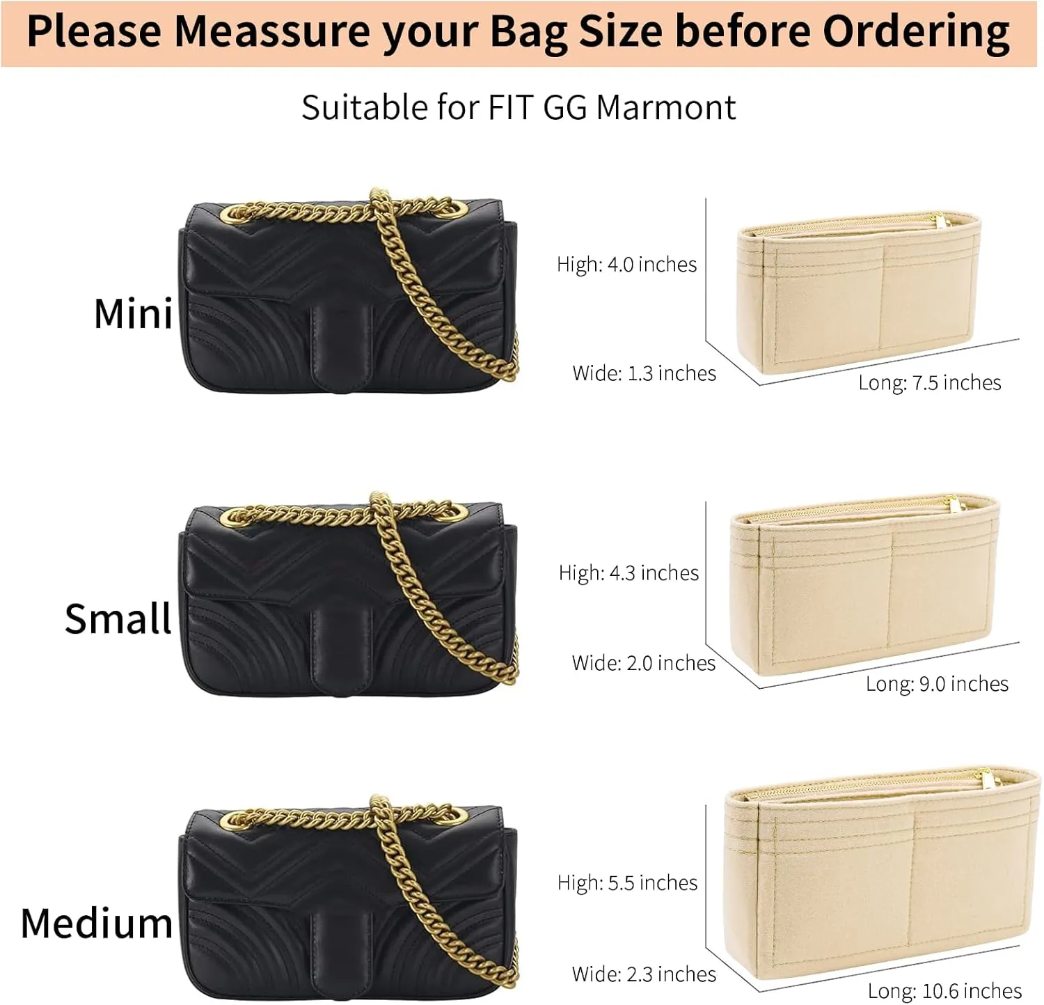Felt Purse Organizer Insert for GG Marmont Mini Bag Organizer Handbag (Mini, Beige)