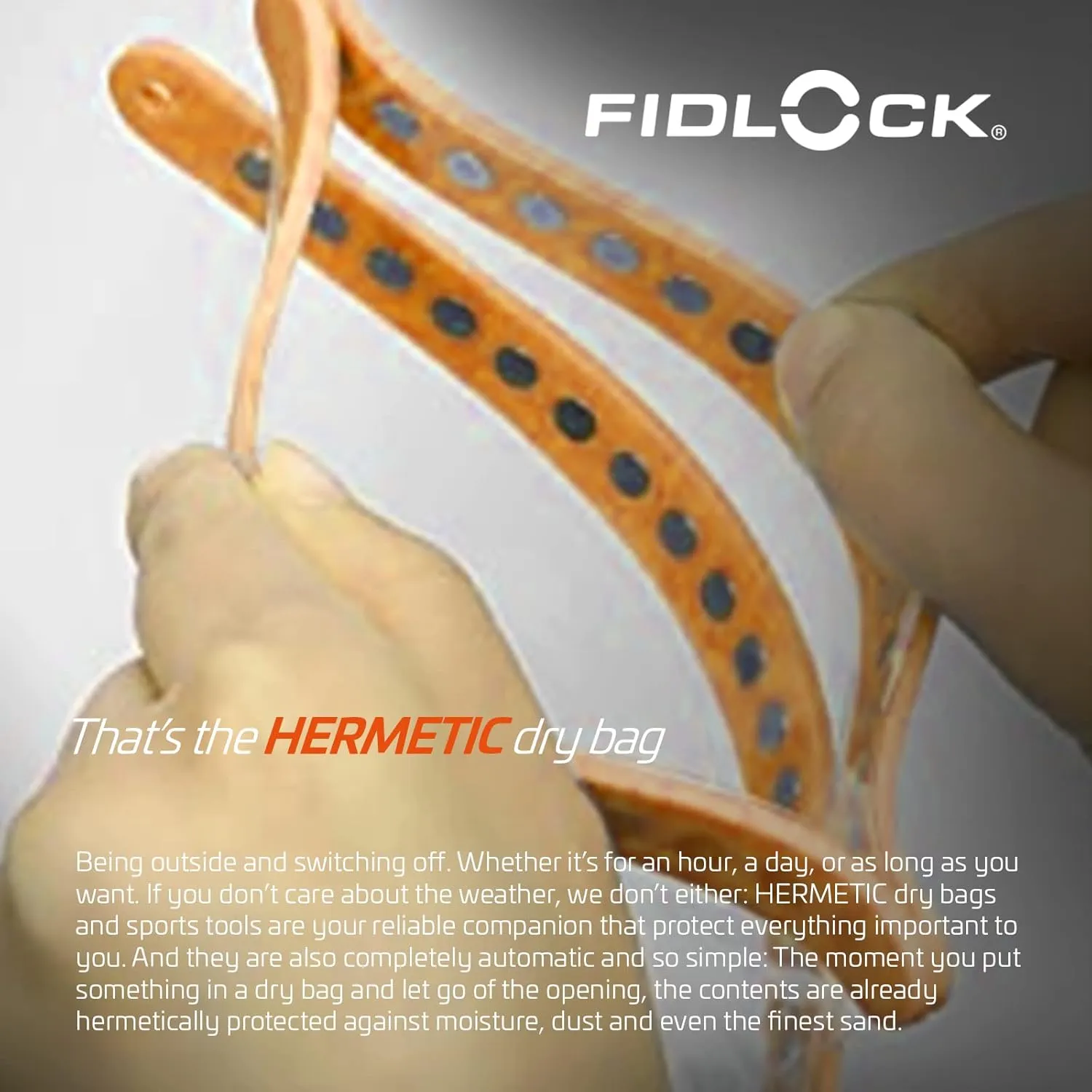 FIDLOCK Hermetic Dry Bag Maxi - Flexible Magnetic Self-Sealing Bag for Cellphone | 100% Waterproof and Sand Proof - Practical Size with a Large Opening, with Lanyard Included - Orange Transparent