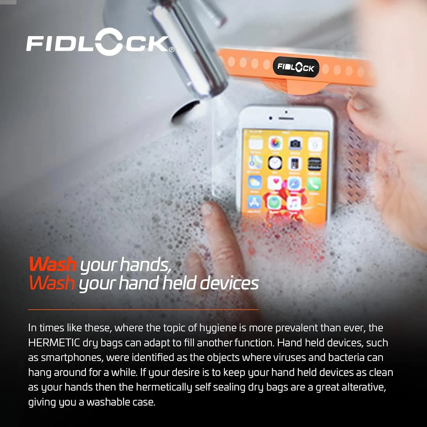 FIDLOCK Hermetic Dry Bag Maxi - Flexible Magnetic Self-Sealing Bag for Cellphone | 100% Waterproof and Sand Proof - Practical Size with a Large Opening, with Lanyard Included - Orange Transparent