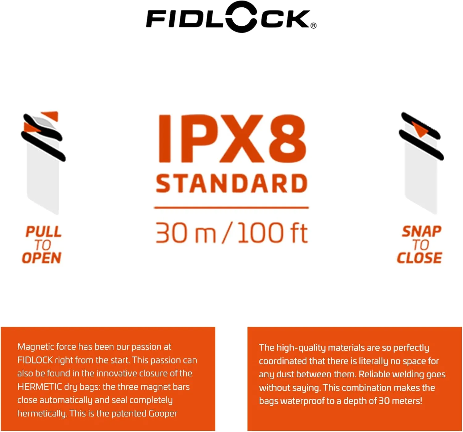 FIDLOCK Hermetic Dry Bag Maxi - Flexible Magnetic Self-Sealing Bag for Cellphone | 100% Waterproof and Sand Proof - Practical Size with a Large Opening, with Lanyard Included - Orange Transparent