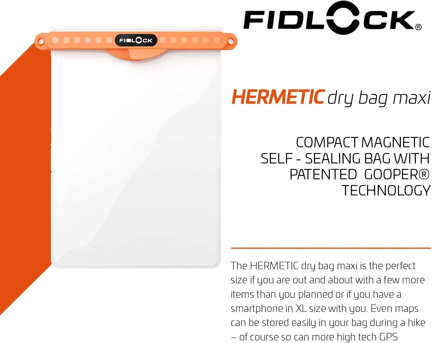 FIDLOCK Hermetic Dry Bag Maxi - Flexible Magnetic Self-Sealing Bag for Cellphone | 100% Waterproof and Sand Proof - Practical Size with a Large Opening, with Lanyard Included - Orange Transparent