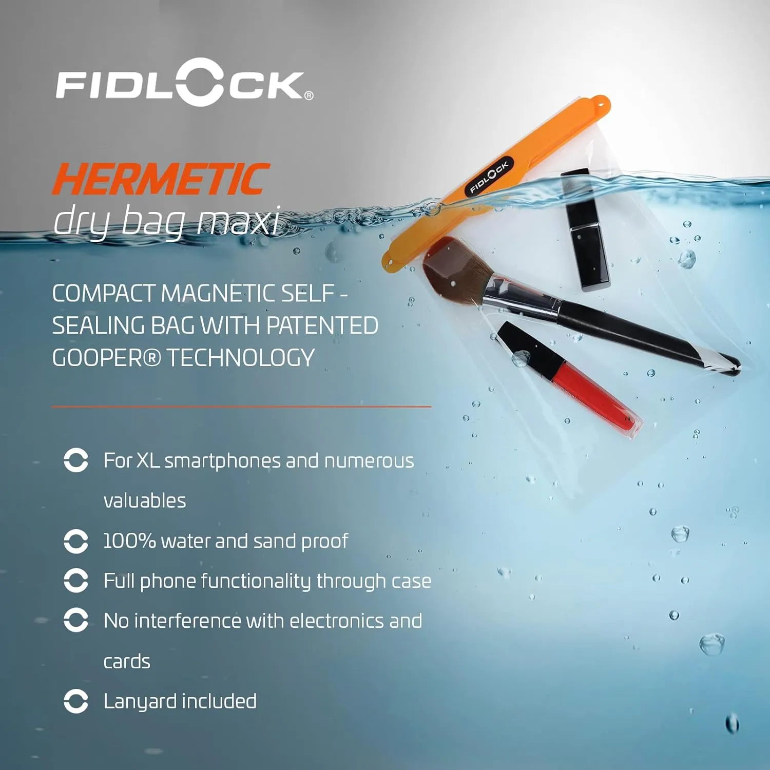 FIDLOCK Hermetic Dry Bag Maxi - Flexible Magnetic Self-Sealing Bag for Cellphone | 100% Waterproof and Sand Proof - Practical Size with a Large Opening, with Lanyard Included - Orange Transparent
