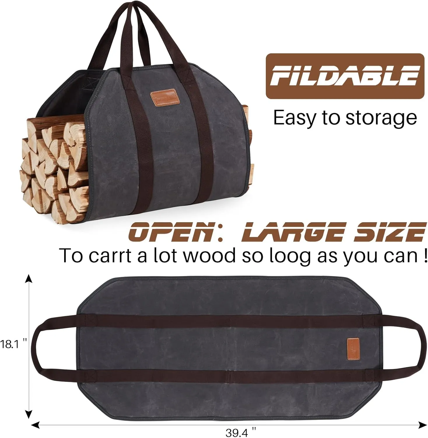 Firewood Log Carrier, Firewood Waxed Canvas Tote Bag with Handles, Heavy Duty Firewood Holder Fireplace Wood Stove Accessories for Camping,BBQ Indoor & Outdoor