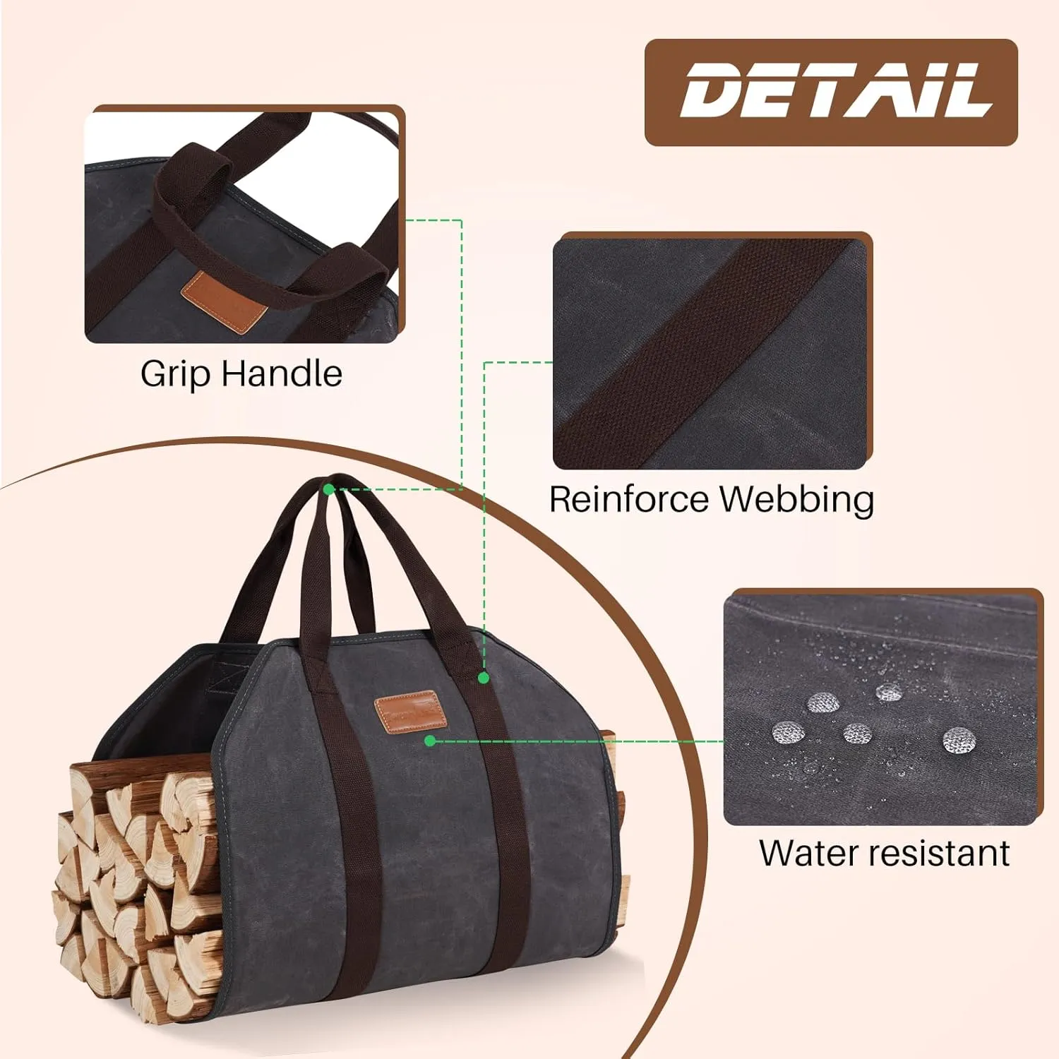 Firewood Log Carrier, Firewood Waxed Canvas Tote Bag with Handles, Heavy Duty Firewood Holder Fireplace Wood Stove Accessories for Camping,BBQ Indoor & Outdoor