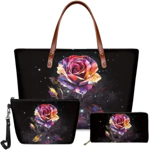 FKELYI Women's Handbag Matching Wristlet Purse and Cosmetic Case,3 Piece Set