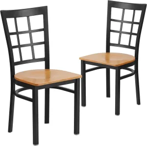 Flash Furniture 2 Pack HERCULES Series Black Window Back Metal Restaurant Chair - Natural Wood Seat