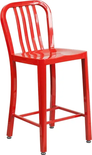 Flash Furniture Commercial Grade 24" High Red Metal Indoor-Outdoor Counter Height Stool with Vertical Slat Back