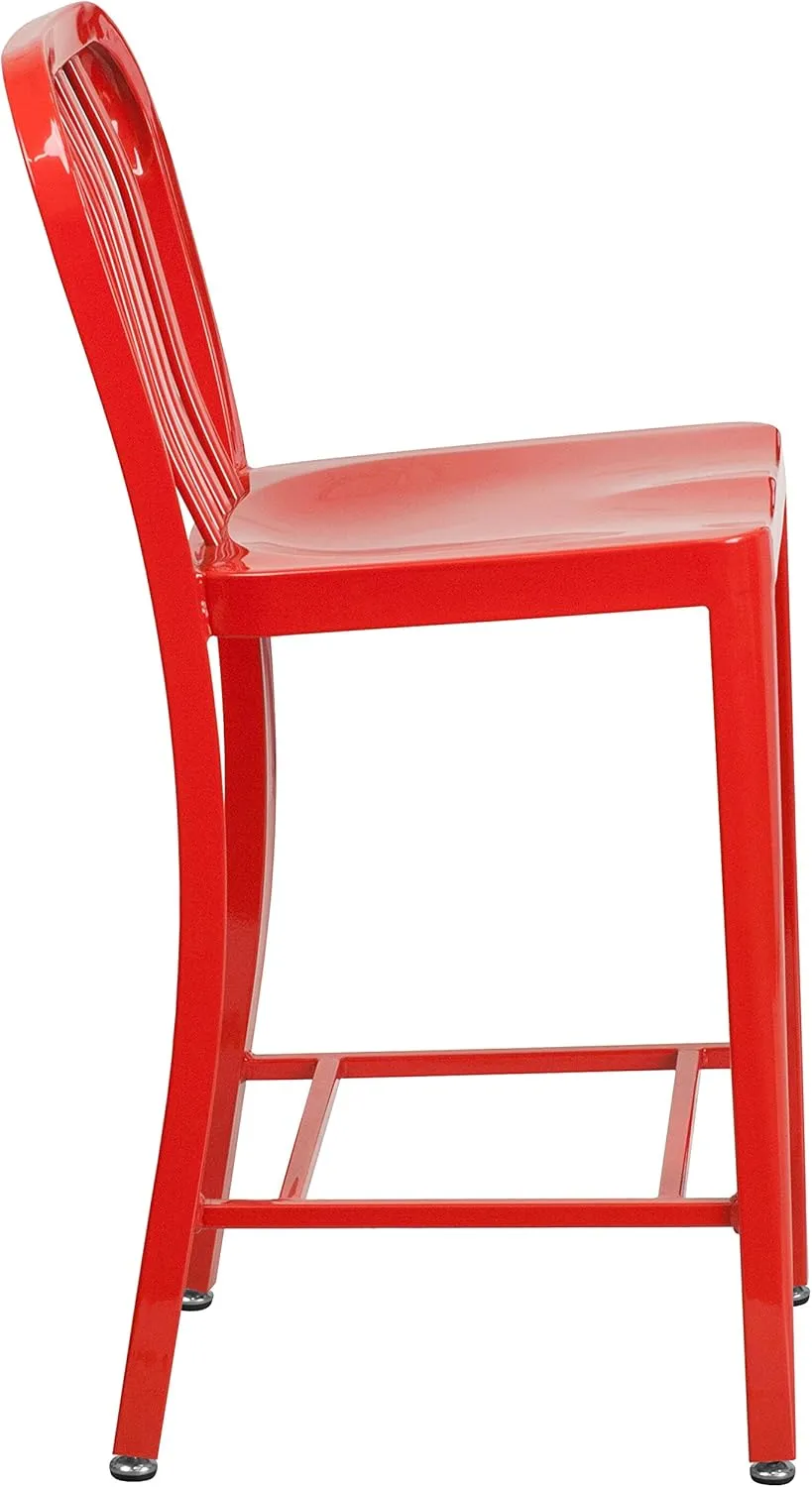 Flash Furniture Commercial Grade 24" High Red Metal Indoor-Outdoor Counter Height Stool with Vertical Slat Back