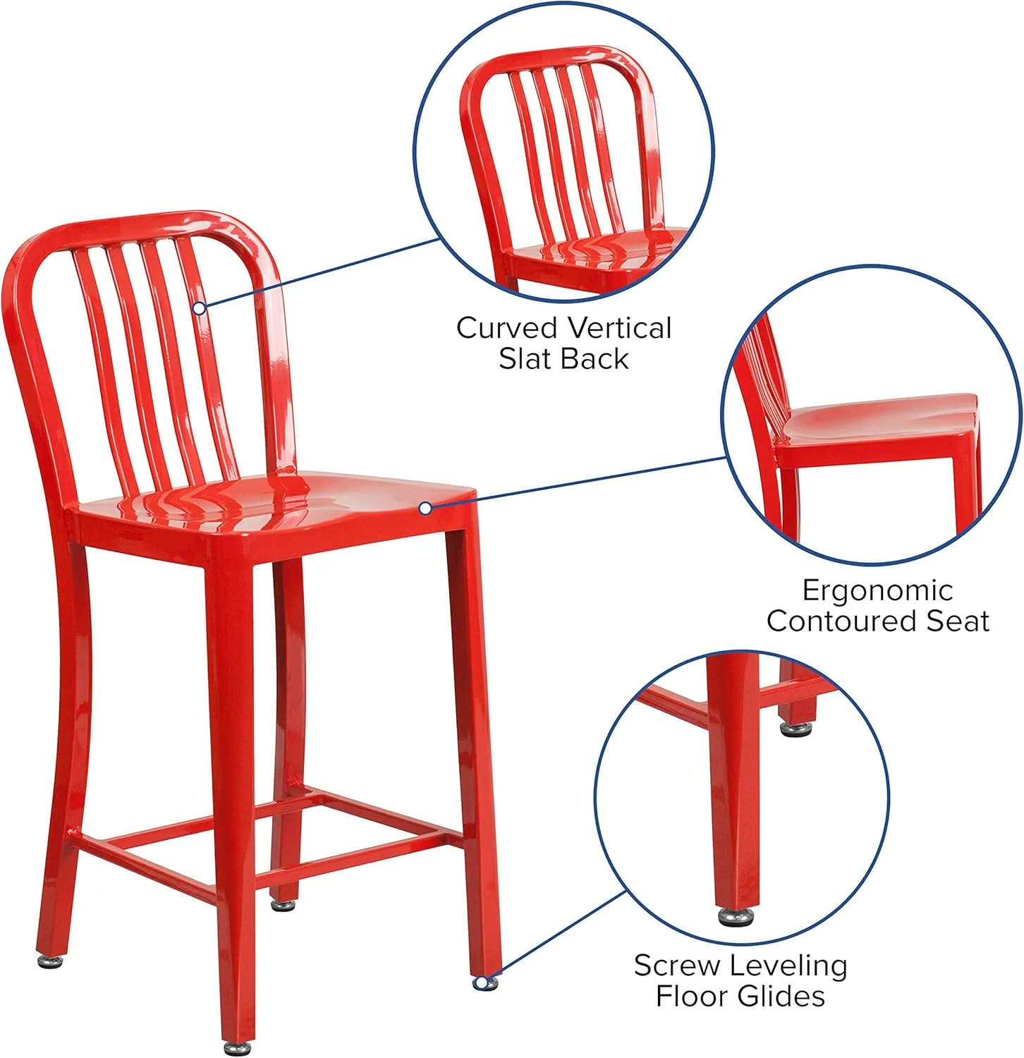 Flash Furniture Commercial Grade 24" High Red Metal Indoor-Outdoor Counter Height Stool with Vertical Slat Back