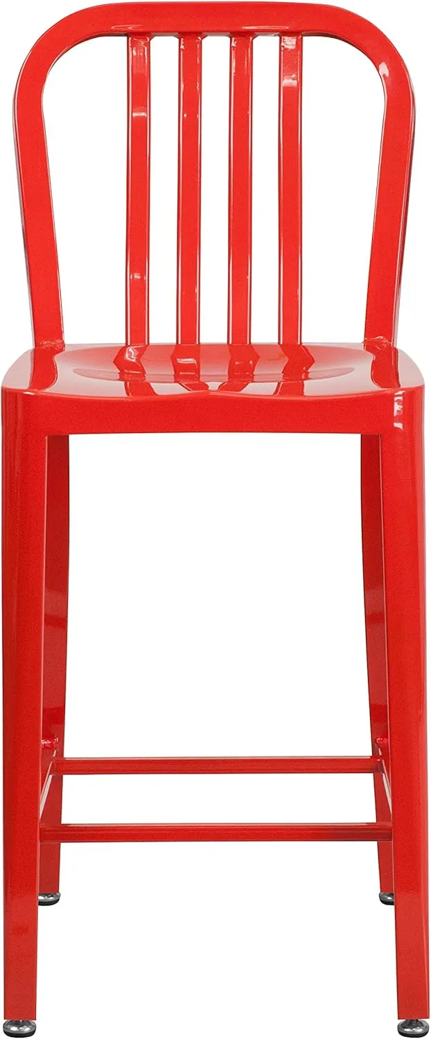Flash Furniture Commercial Grade 24" High Red Metal Indoor-Outdoor Counter Height Stool with Vertical Slat Back
