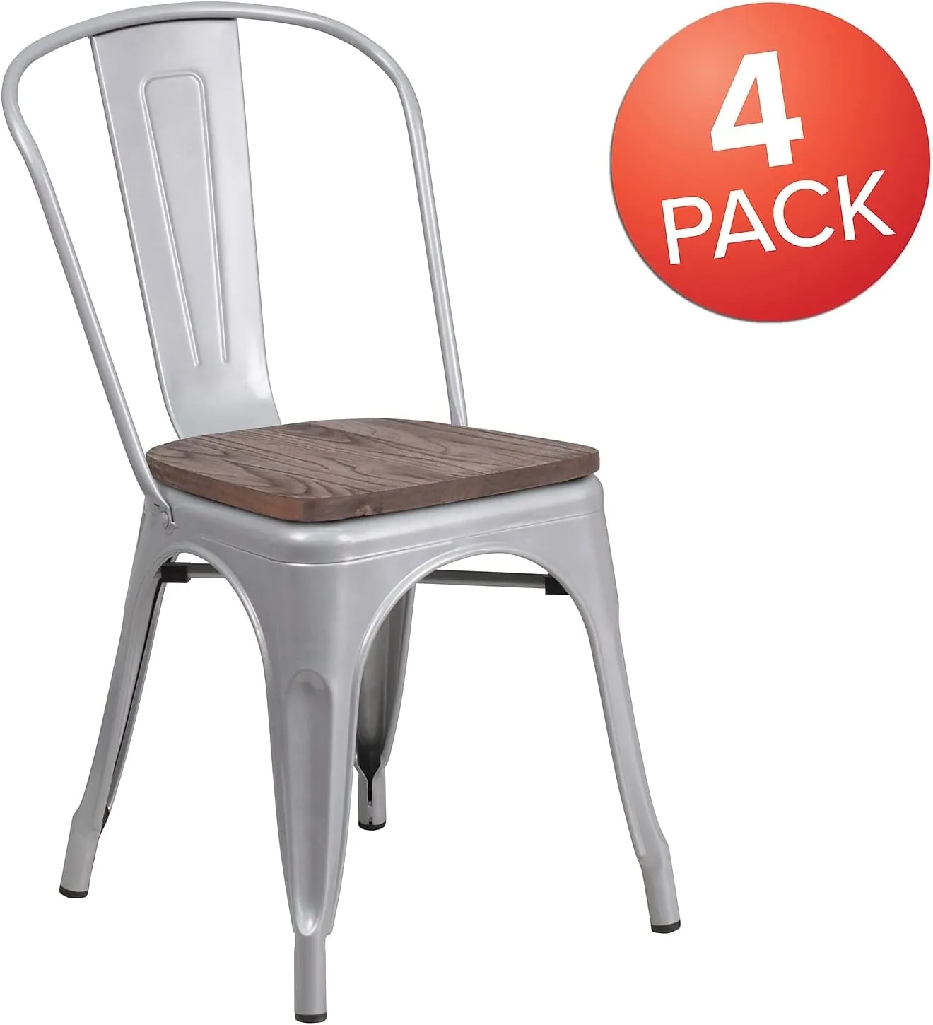 Flash Furniture Luke 4 Pack Silver Metal Stackable Chair with Wood Seat