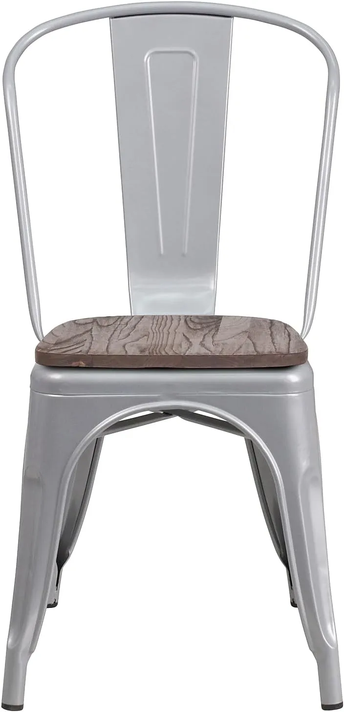 Flash Furniture Luke 4 Pack Silver Metal Stackable Chair with Wood Seat