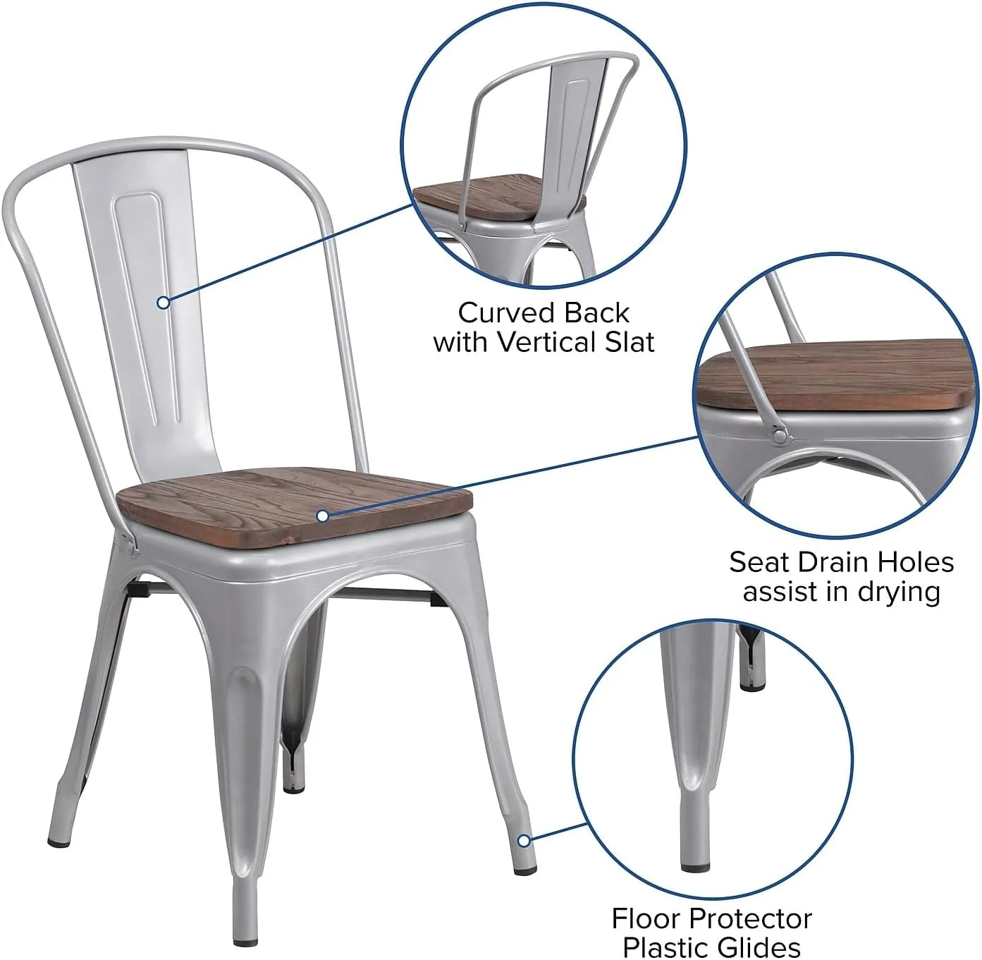 Flash Furniture Luke 4 Pack Silver Metal Stackable Chair with Wood Seat