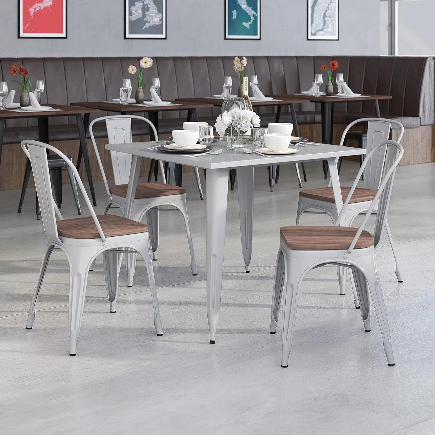 Flash Furniture Luke 4 Pack Silver Metal Stackable Chair with Wood Seat