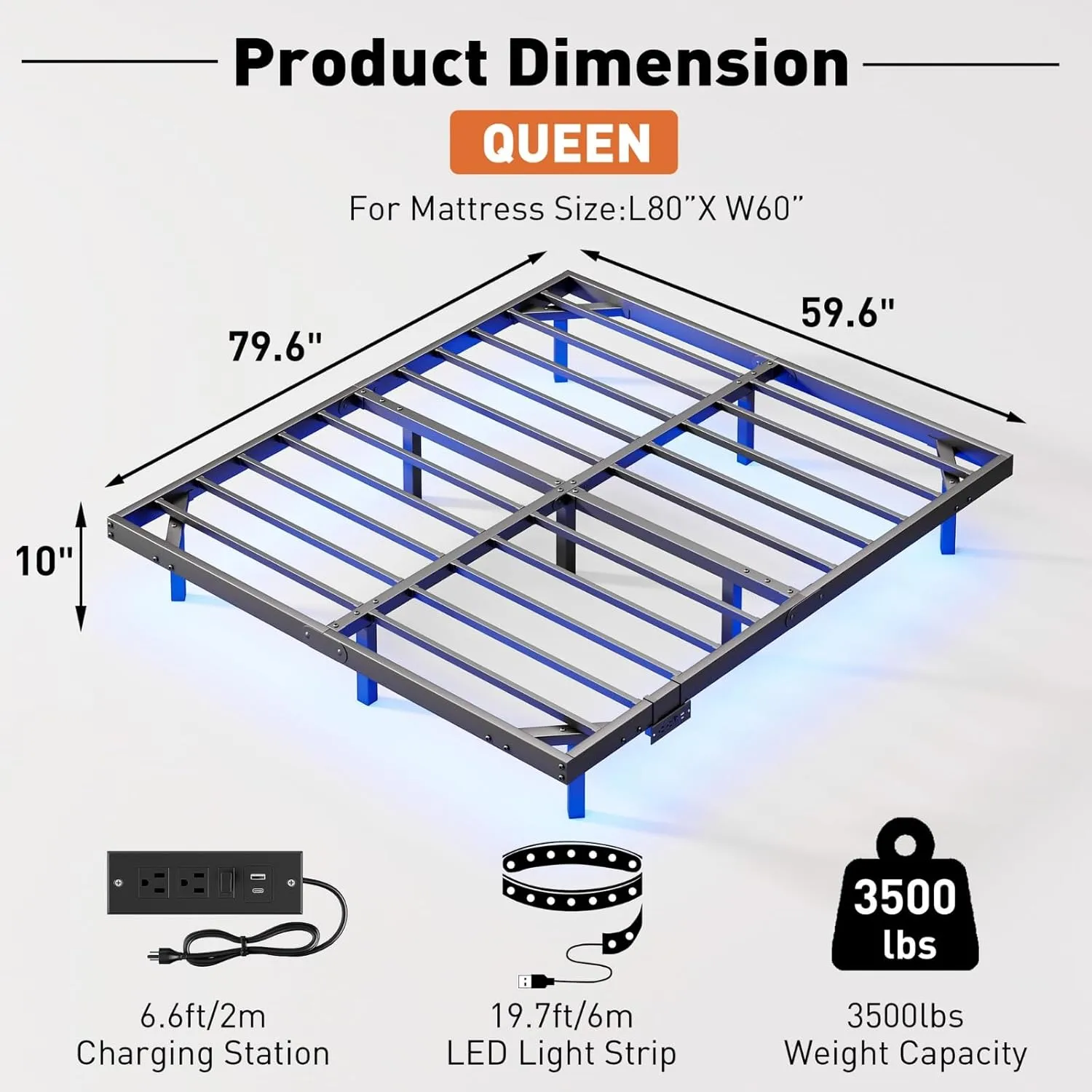 Floating Bed Frame with LED Lights and Charging Station, 10 Inch King Size Floating Bed Frame, King Platform Bed Frame, No Box Spring Needed, Easy to Assemble
