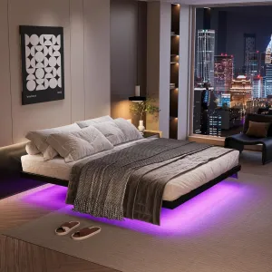 Floating Bed Frame with LED Lights and Charging Station, 10 Inch King Size Floating Bed Frame, King Platform Bed Frame, No Box Spring Needed, Easy to Assemble