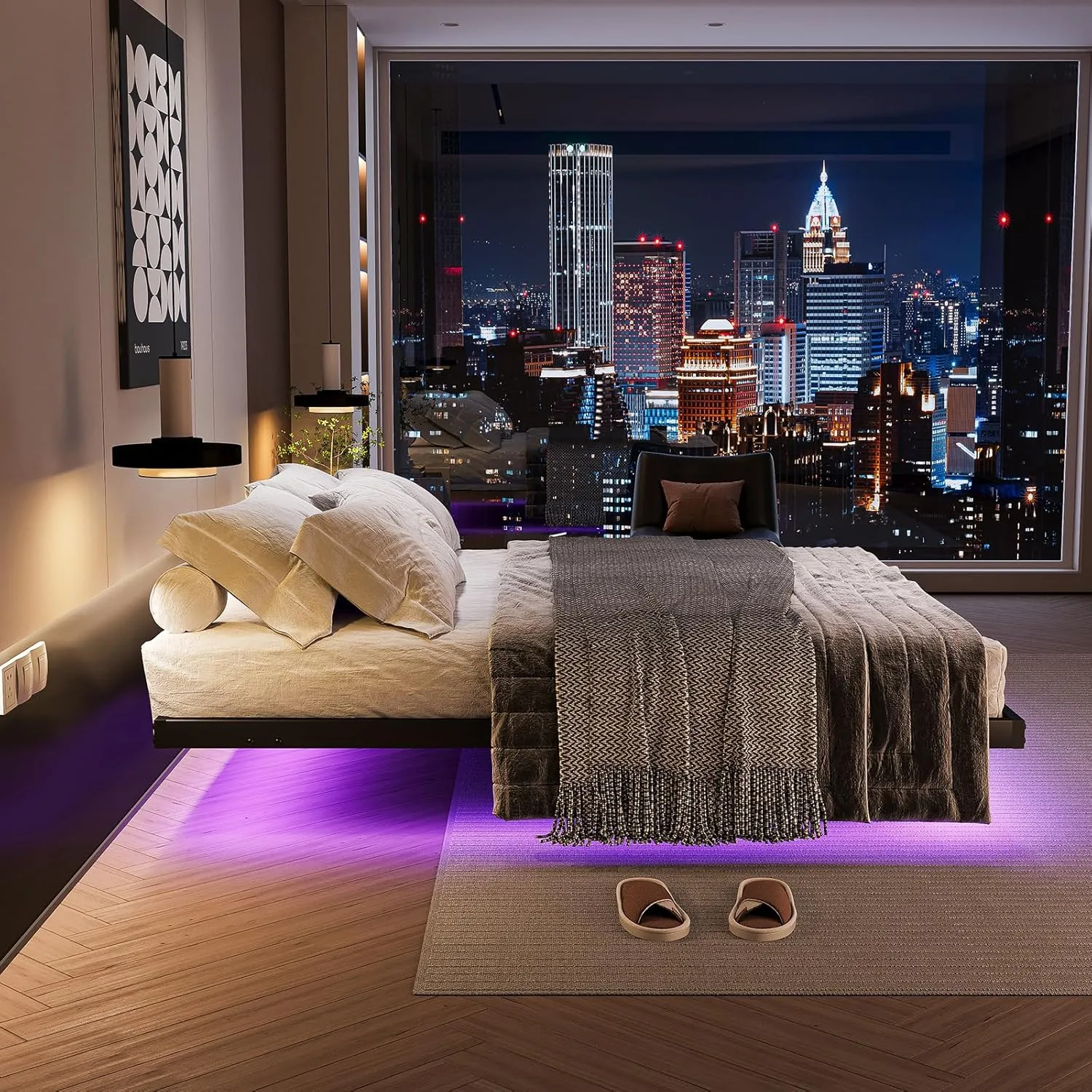 Floating Bed Frame with LED Lights and Charging Station, 10 Inch King Size Floating Bed Frame, King Platform Bed Frame, No Box Spring Needed, Easy to Assemble