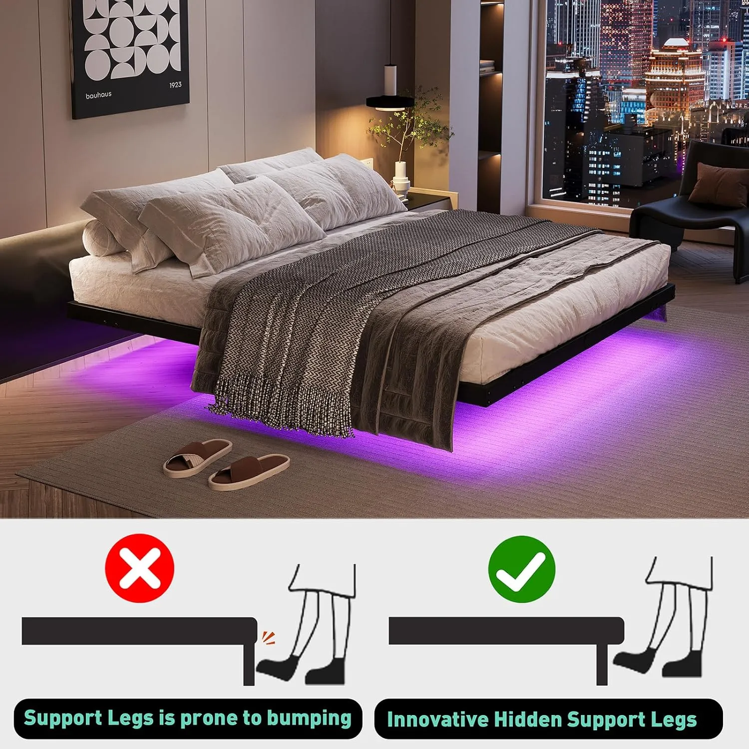 Floating Bed Frame with LED Lights and Charging Station, 10 Inch King Size Floating Bed Frame, King Platform Bed Frame, No Box Spring Needed, Easy to Assemble