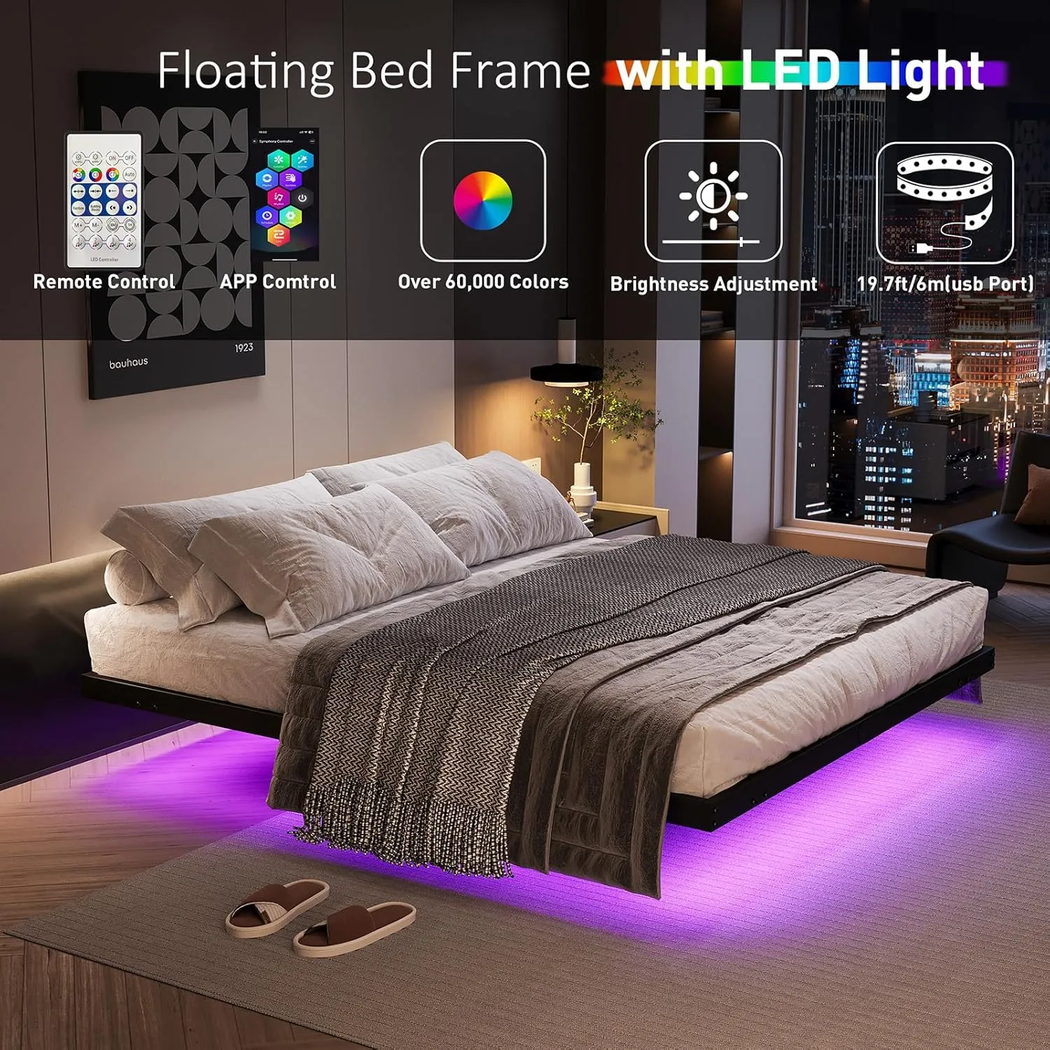 Floating Bed Frame with LED Lights and Charging Station, 10 Inch King Size Floating Bed Frame, King Platform Bed Frame, No Box Spring Needed, Easy to Assemble