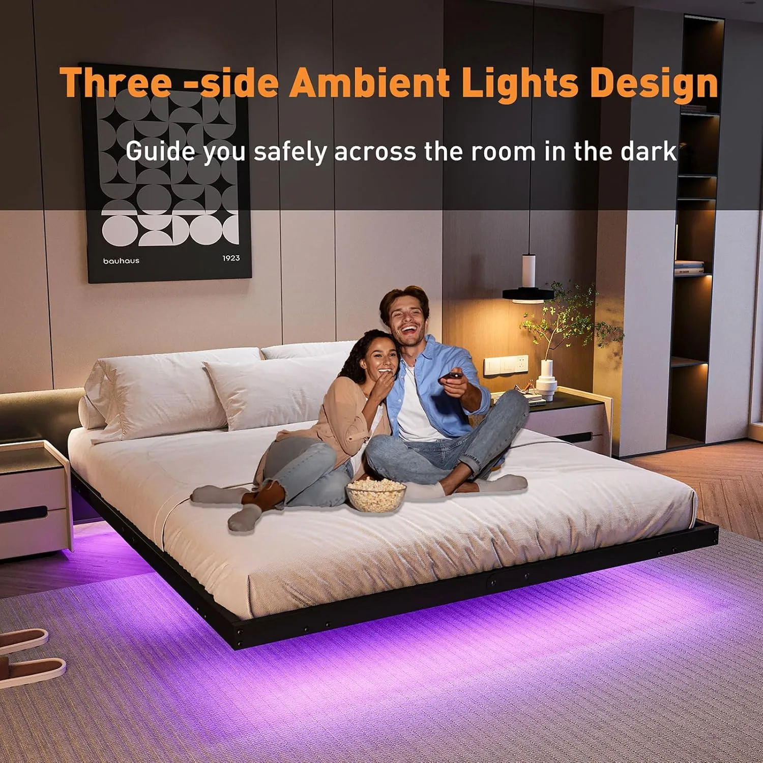 Floating Bed Frame with LED Lights and Charging Station, 10 Inch King Size Floating Bed Frame, King Platform Bed Frame, No Box Spring Needed, Easy to Assemble