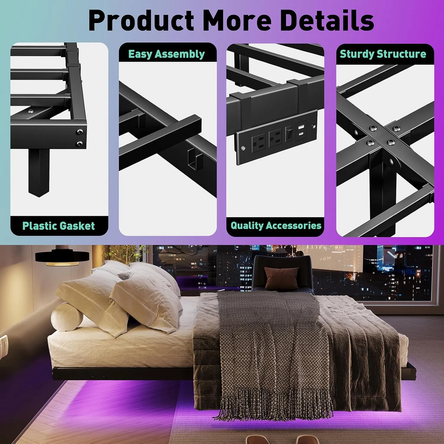 Floating Bed Frame with LED Lights and Charging Station, 10 Inch King Size Floating Bed Frame, King Platform Bed Frame, No Box Spring Needed, Easy to Assemble