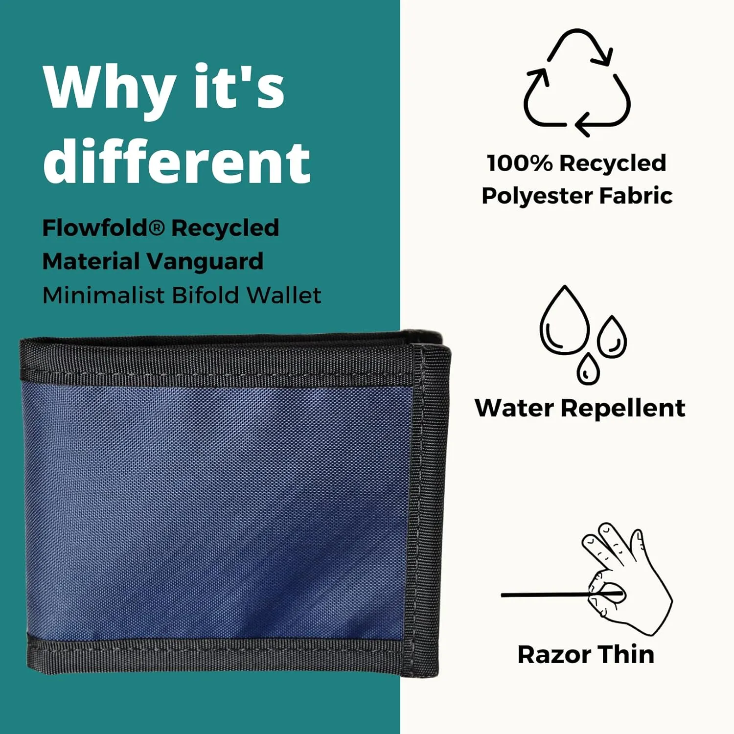 Flowfold Recycled Wallets - 100% Recycled Material Vanguard Bifold Wallet, Front Pocket Slim Minimalist Wallets Made in USA (Navy Blue, Recycled Material)