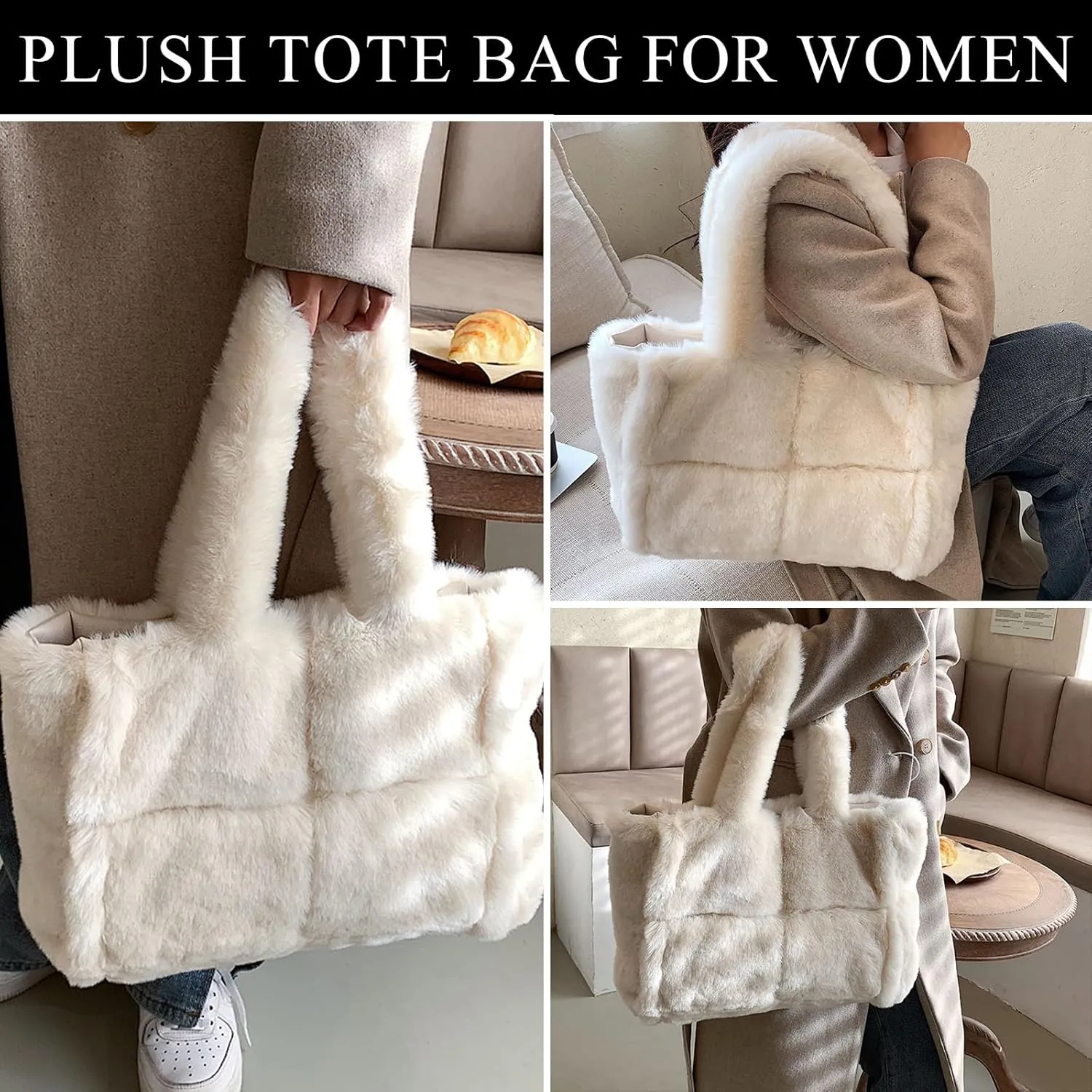 Fluffy Tote Bag, Winter Furry Purse for Women Faux Fur Bag Y2K Plush Purse Fuzzy Shoulder Handbag