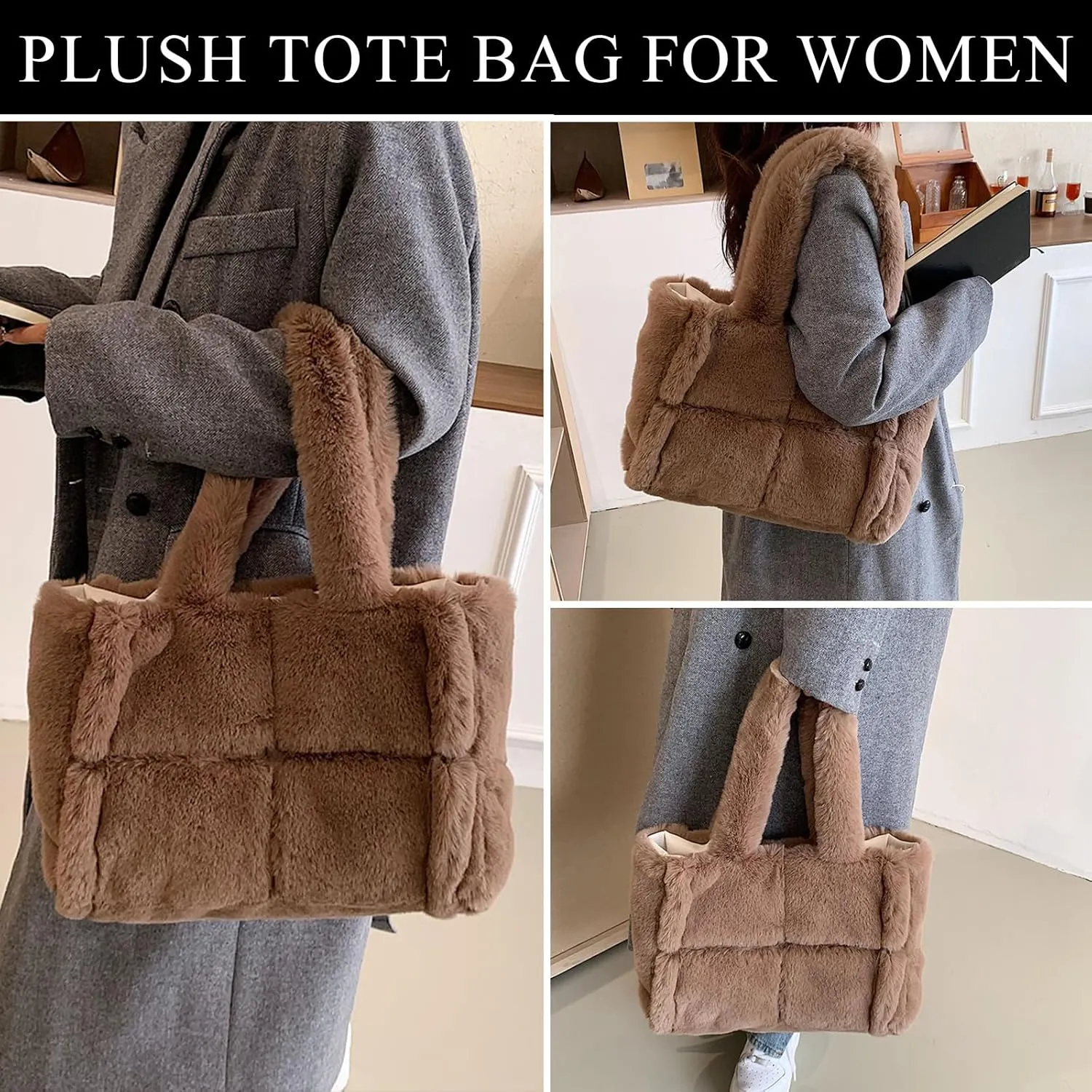Fluffy Tote Bag, Winter Furry Purse for Women Faux Fur Bag Y2K Plush Purse Fuzzy Shoulder Handbag