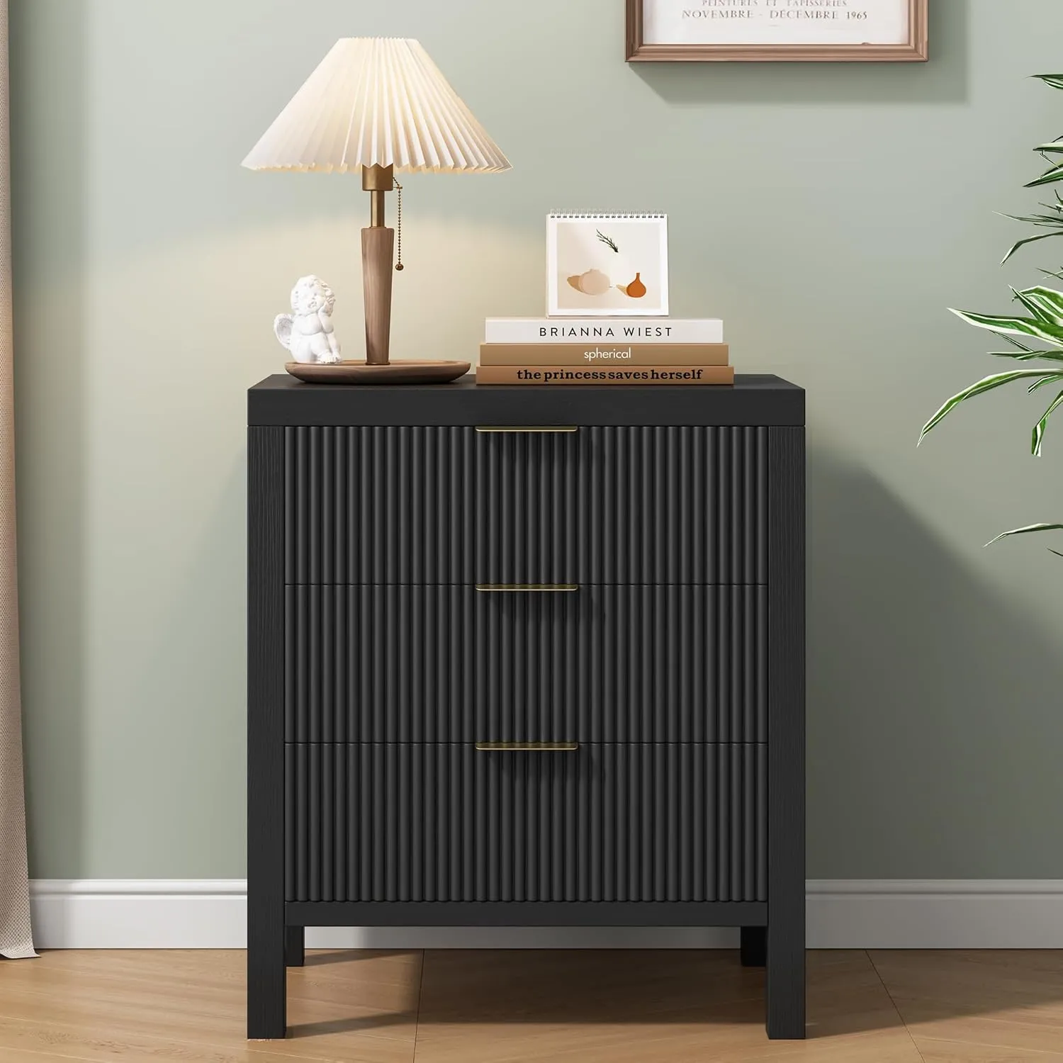 Fluted Nightstands Set of 2, Wooden Farmhouse Night Stands with 6 Drawer Bedside Table - Boho Tall End Table Accent Table for Bedroom, Living Room, （Black 2PCS）