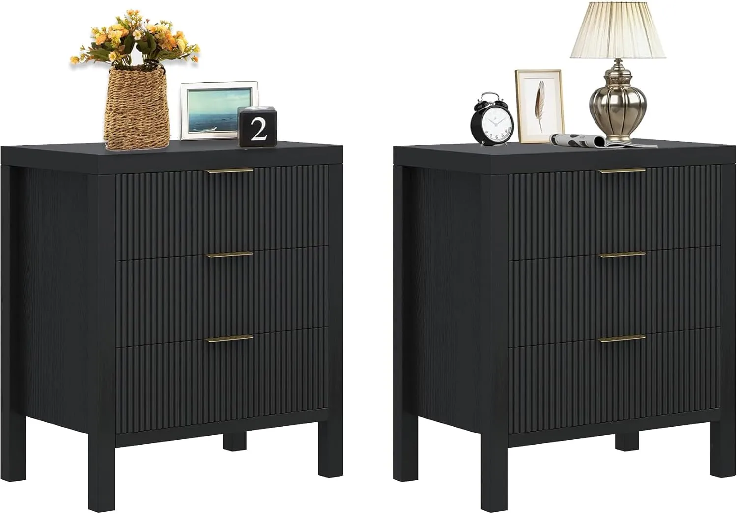 Fluted Nightstands Set of 2, Wooden Farmhouse Night Stands with 6 Drawer Bedside Table - Boho Tall End Table Accent Table for Bedroom, Living Room, （Black 2PCS）