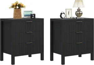 Fluted Nightstands Set of 2, Wooden Farmhouse Night Stands with 6 Drawer Bedside Table - Boho Tall End Table Accent Table for Bedroom, Living Room, （Black 2PCS）
