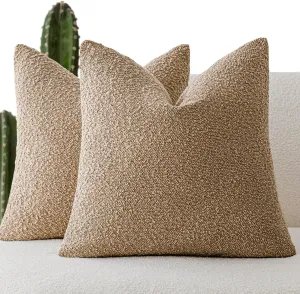 Foindtower Pack of 2 Textured Boucle Throw Pillow Covers Accent Solid Pillow Cases Cozy Soft Decorative Couch Cushion Case for Chair Sofa Bedroom Living Room Home Decor, 18 x 18 Inch,Camel