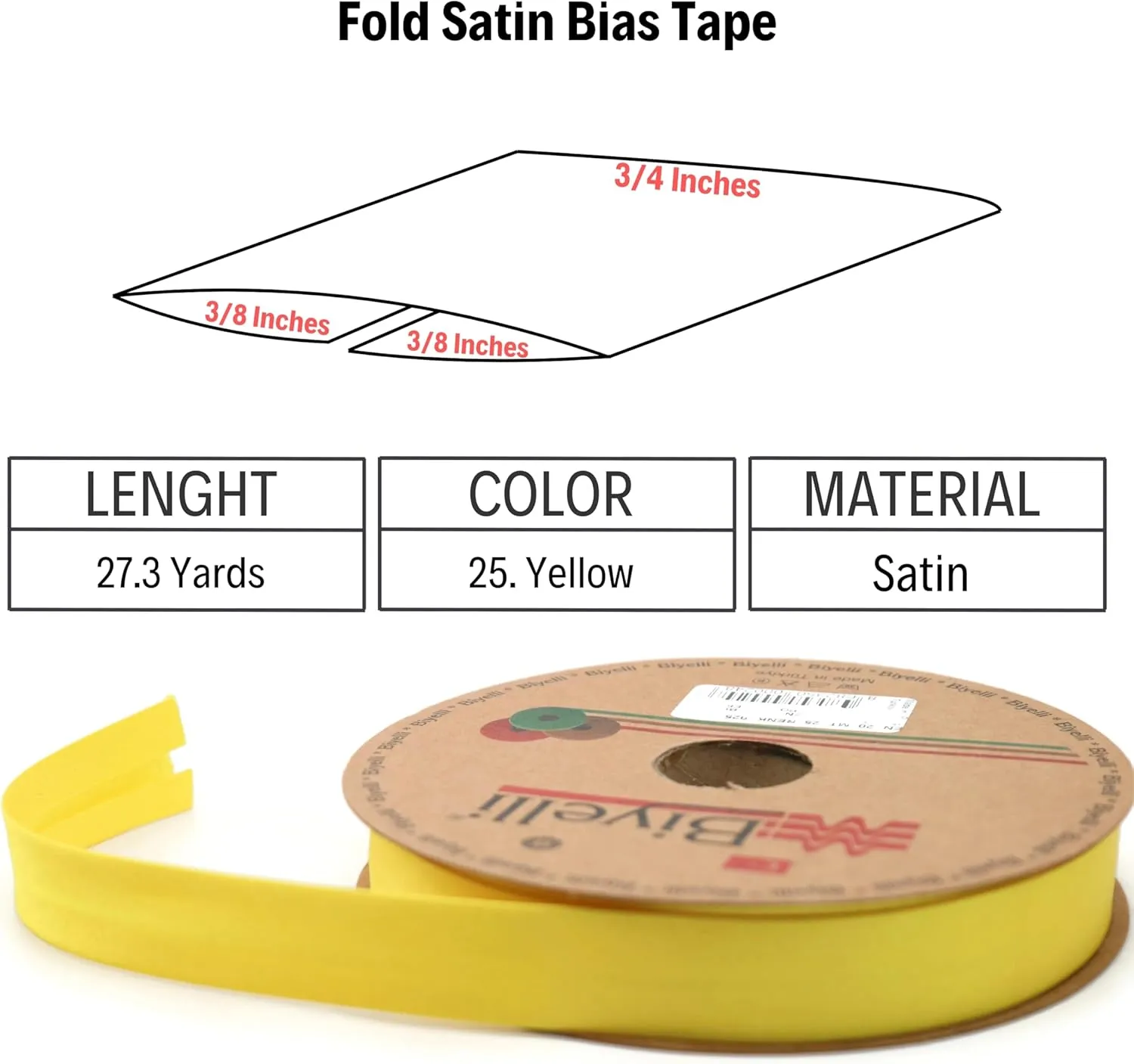Fold Satin Bias Tape - 99  Colors - 3/4 Inches Wide - 27 Yards - Fold Satin Binding Bias Ribbon Fabric Piping Bias Binding Tape for Sewing Clothing DIY (25. Yellow) BYS25