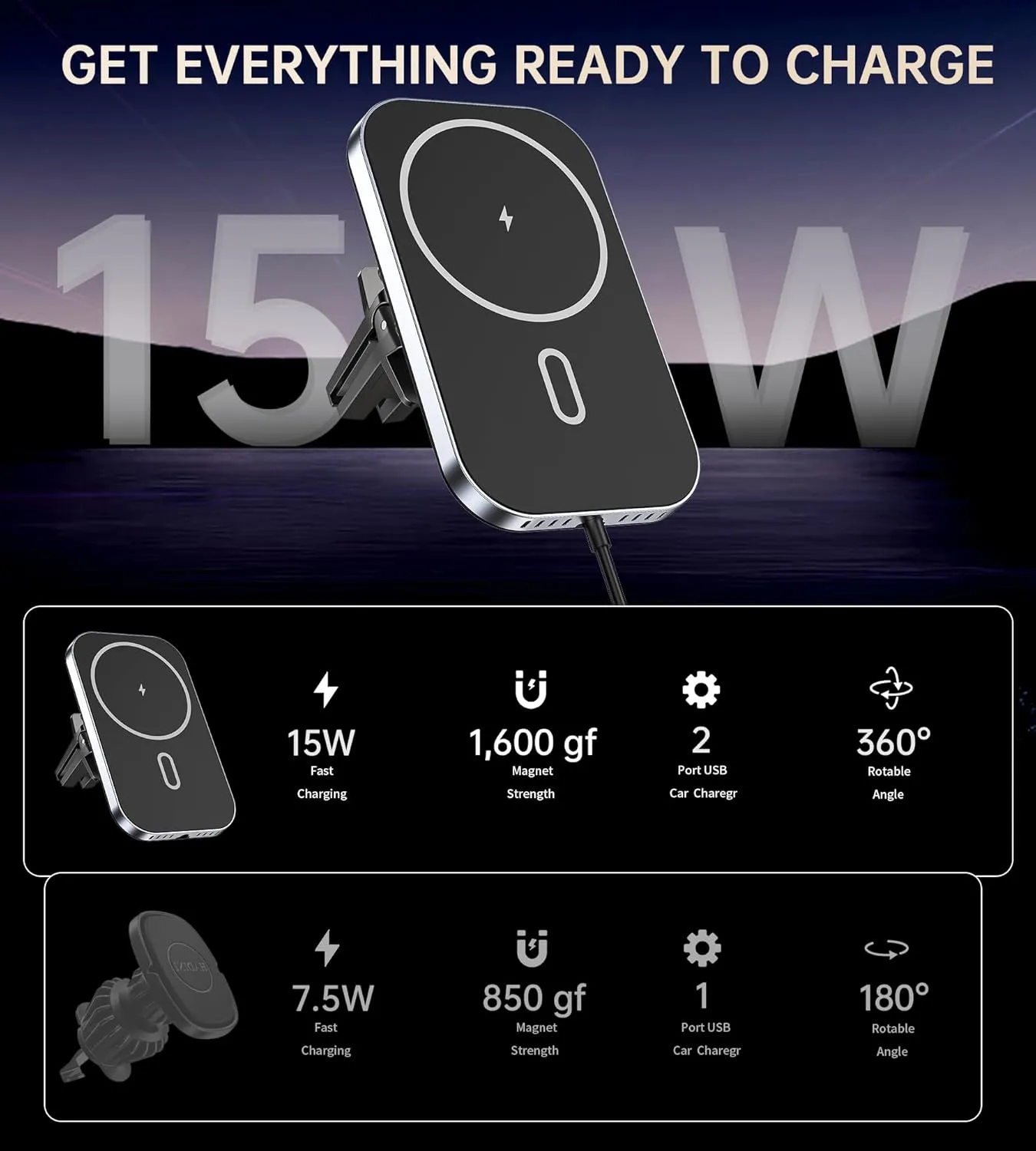 for for MagSafe Car Mount Charger with Adapter, 360° Rotation Magnetic Wireless iPhone Car Charger for Air Vent, Compatible with iPhone 16/15/14/13/12 Series