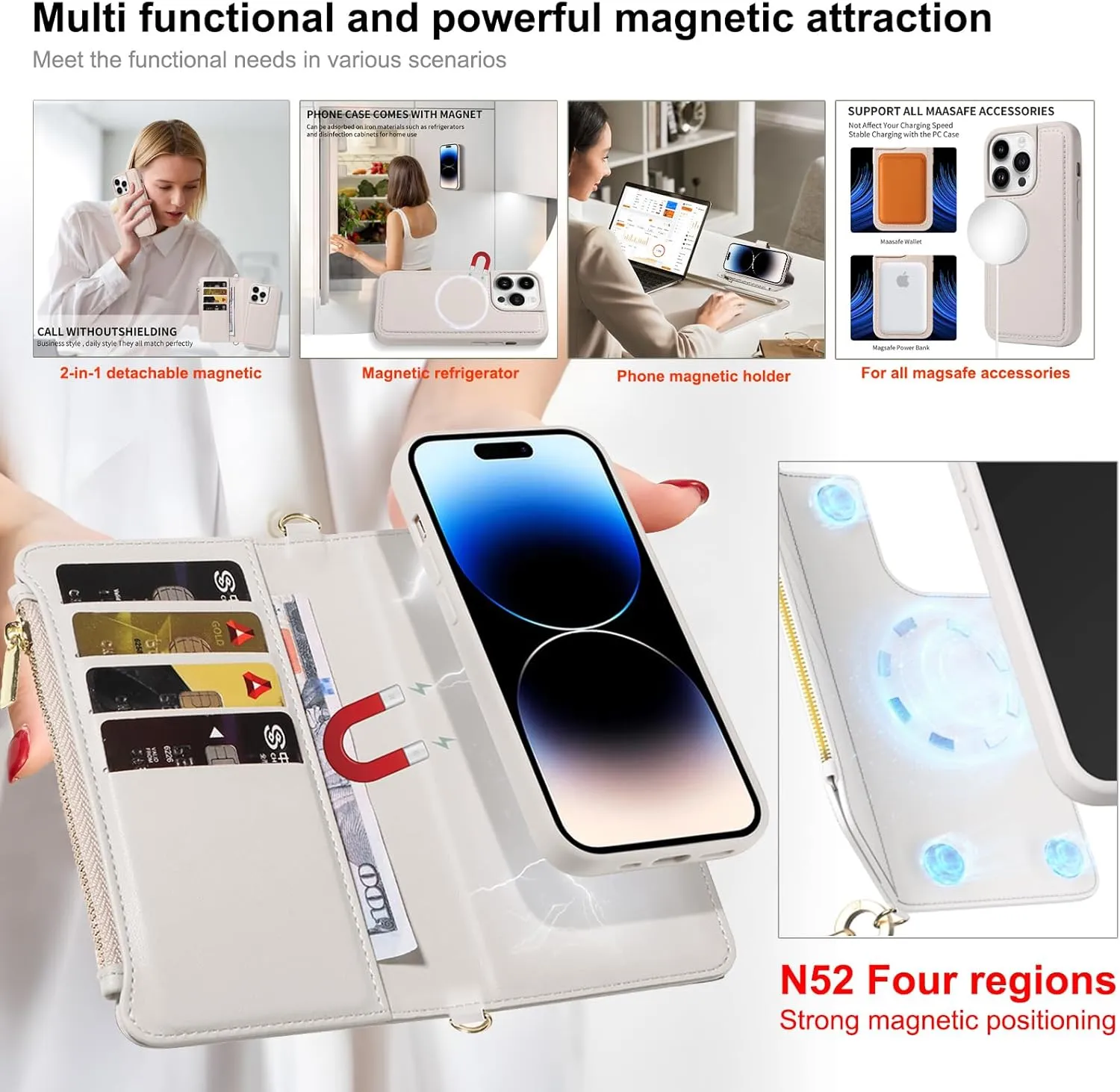 for iPhone 15 Pro Max(6.7 inches) Detachable Wallet Case with Crossbody.Multi-Function 2 in 1 Magnetic Wallet Case with Card Holder.Flip Strap Zipper Phone Case with Shoulder Straps