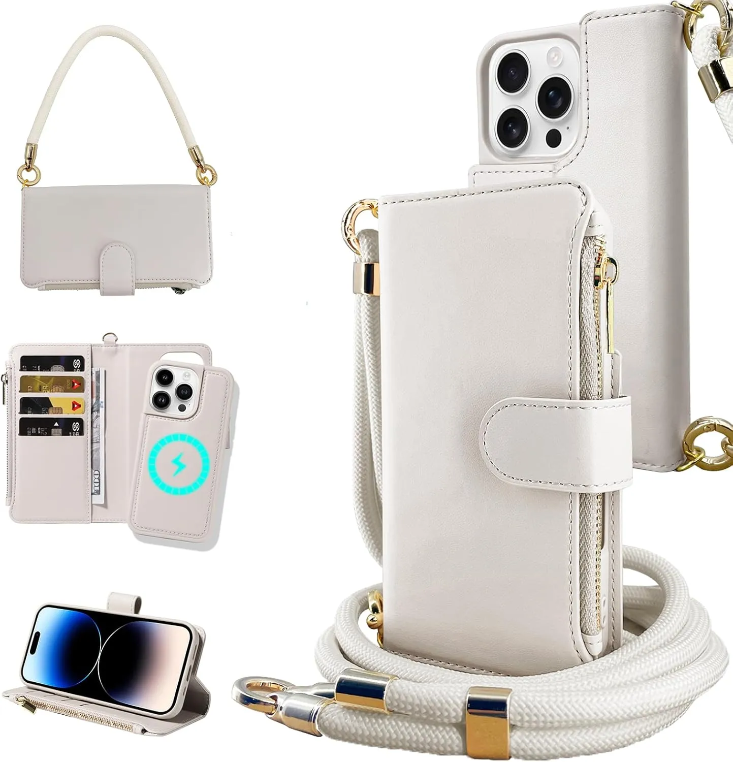 for iPhone 15 Pro Max(6.7 inches) Detachable Wallet Case with Crossbody.Multi-Function 2 in 1 Magnetic Wallet Case with Card Holder.Flip Strap Zipper Phone Case with Shoulder Straps