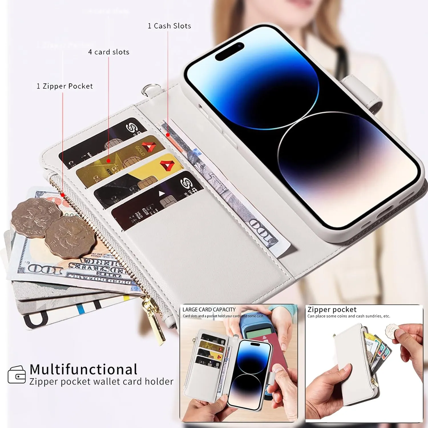for iPhone 15 Pro Max(6.7 inches) Detachable Wallet Case with Crossbody.Multi-Function 2 in 1 Magnetic Wallet Case with Card Holder.Flip Strap Zipper Phone Case with Shoulder Straps