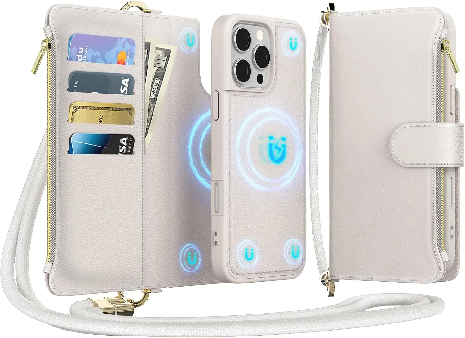 for iPhone 15 Pro Max(6.7 inches) Detachable Wallet Case with Crossbody.Multi-Function 2 in 1 Magnetic Wallet Case with Card Holder.Flip Strap Zipper Phone Case with Shoulder Straps