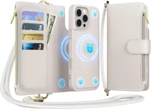 for iPhone 15 Pro Max(6.7 inches) Detachable Wallet Case with Crossbody.Multi-Function 2 in 1 Magnetic Wallet Case with Card Holder.Flip Strap Zipper Phone Case with Shoulder Straps