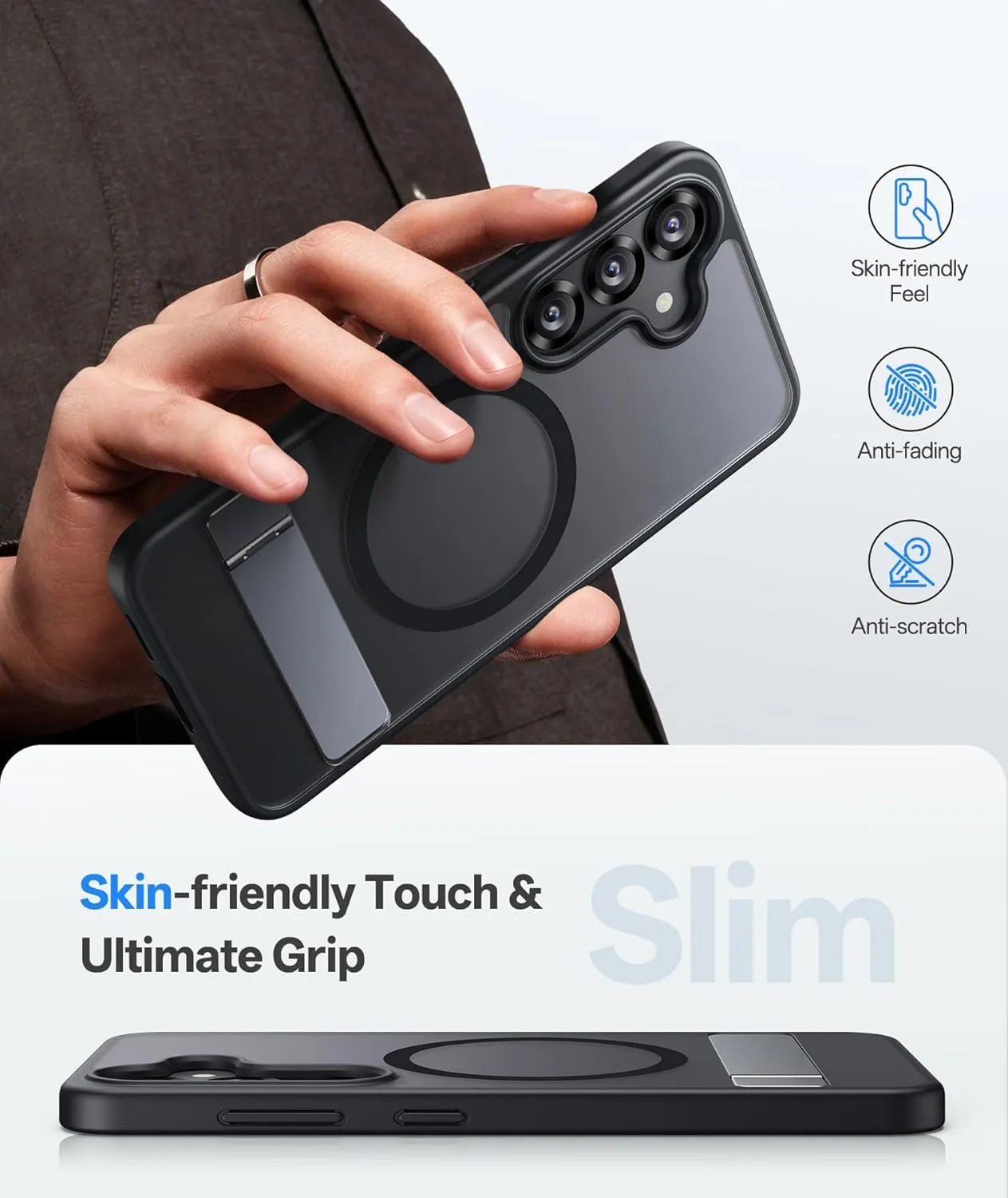 for Samsung Galaxy S25  Plus Case, Compatible with MagSafe & Built-in Stand, Military Grade Drop, Matte Rugged Shockproof Translucent Phone Cover Case for S25  Plus 6.7" 2025, Black